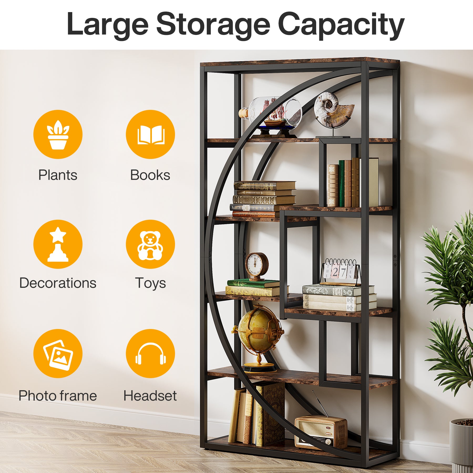 70.8” Tall Modern Geometric Bookcase, 5-Tier Etagere with 8 Open Shelves