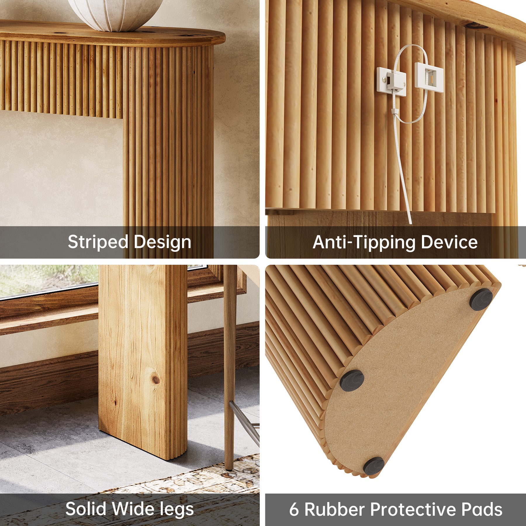 Solid Wood Console Table, 63" Retro Entryway Table with Vertical Fluted Stripes