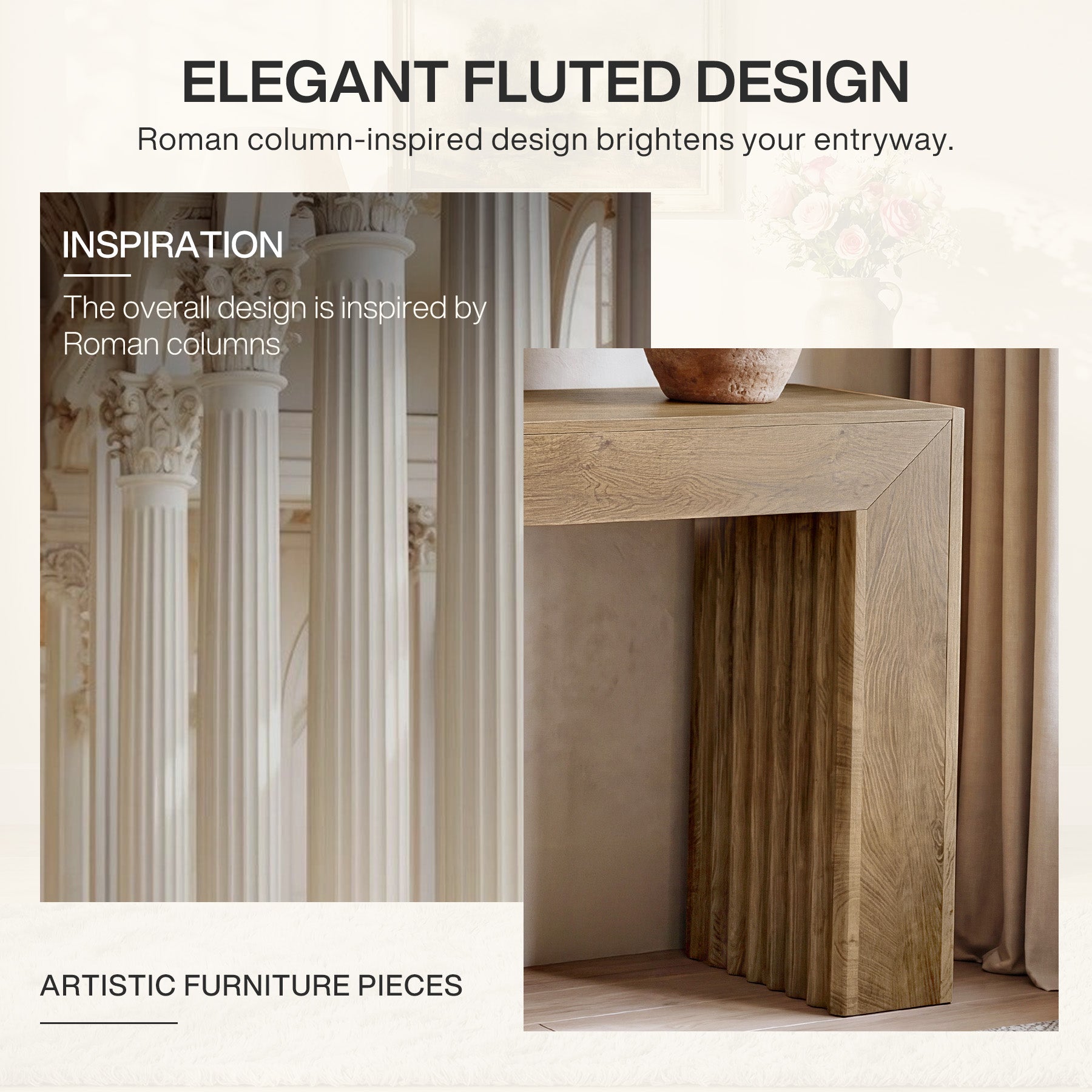 63" Fluted Console Table with Roman Column Legs, Narrow Farmhouse Entryway Sofa Table with Wood-Grain Finish