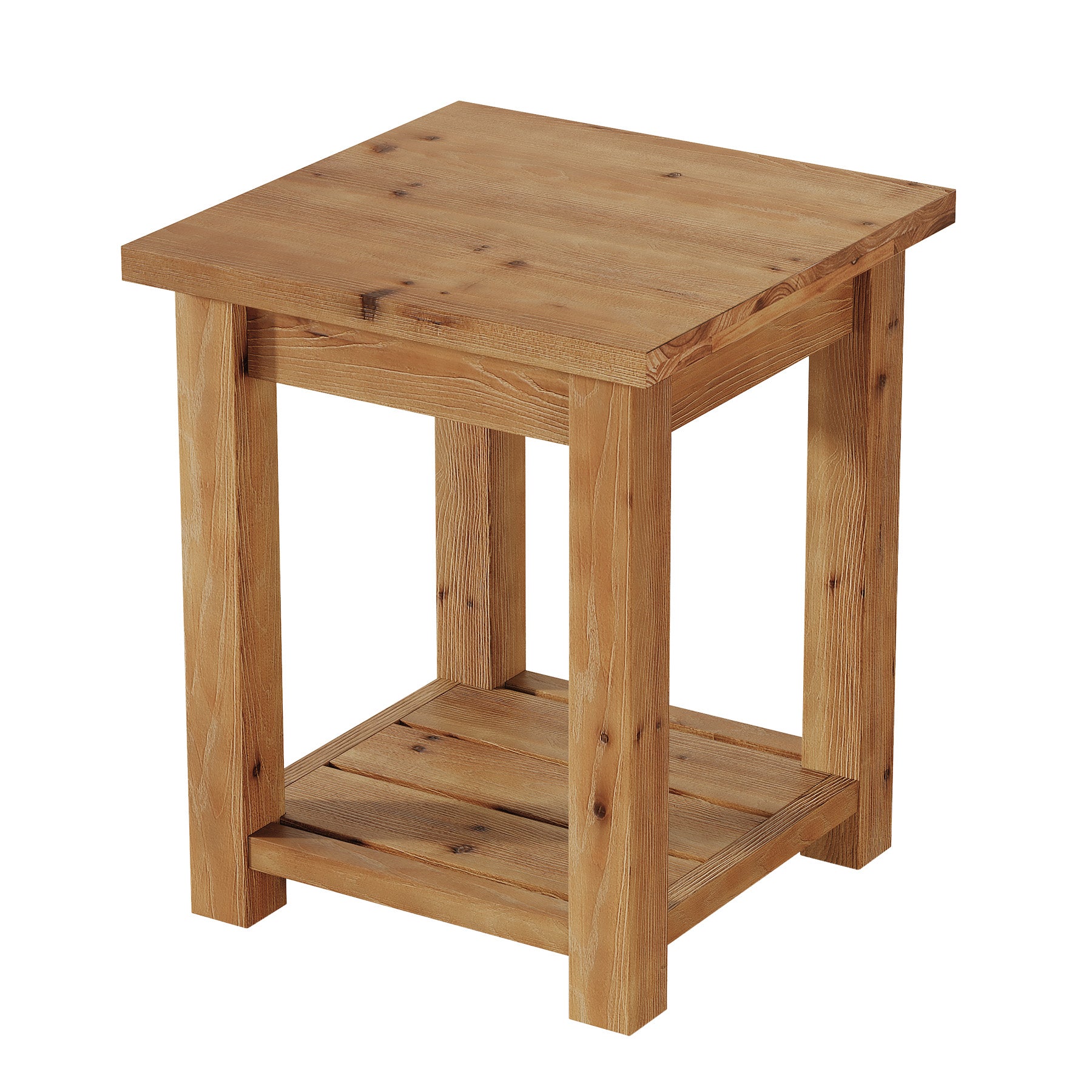 19.7" Solid Wood End Table, Square Side Table with Storage Shelves for Living Room