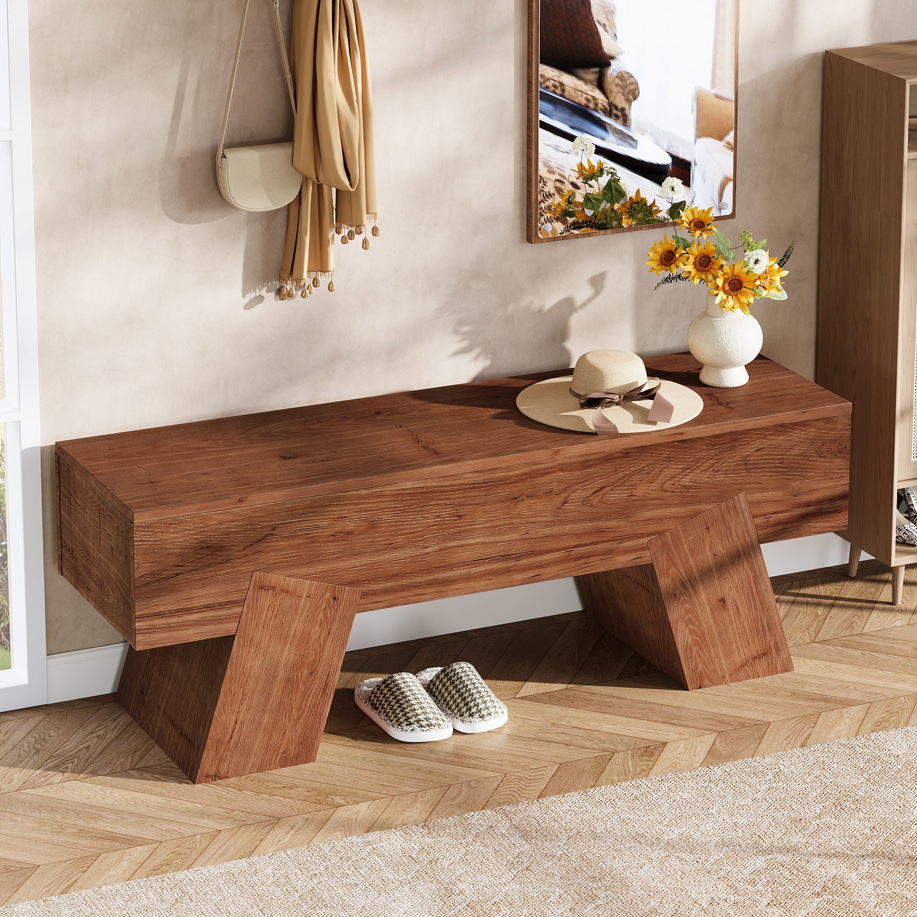 47" Solid Wood Shoe Bench, Indoor End of Bed Bench with Sturdy Legs