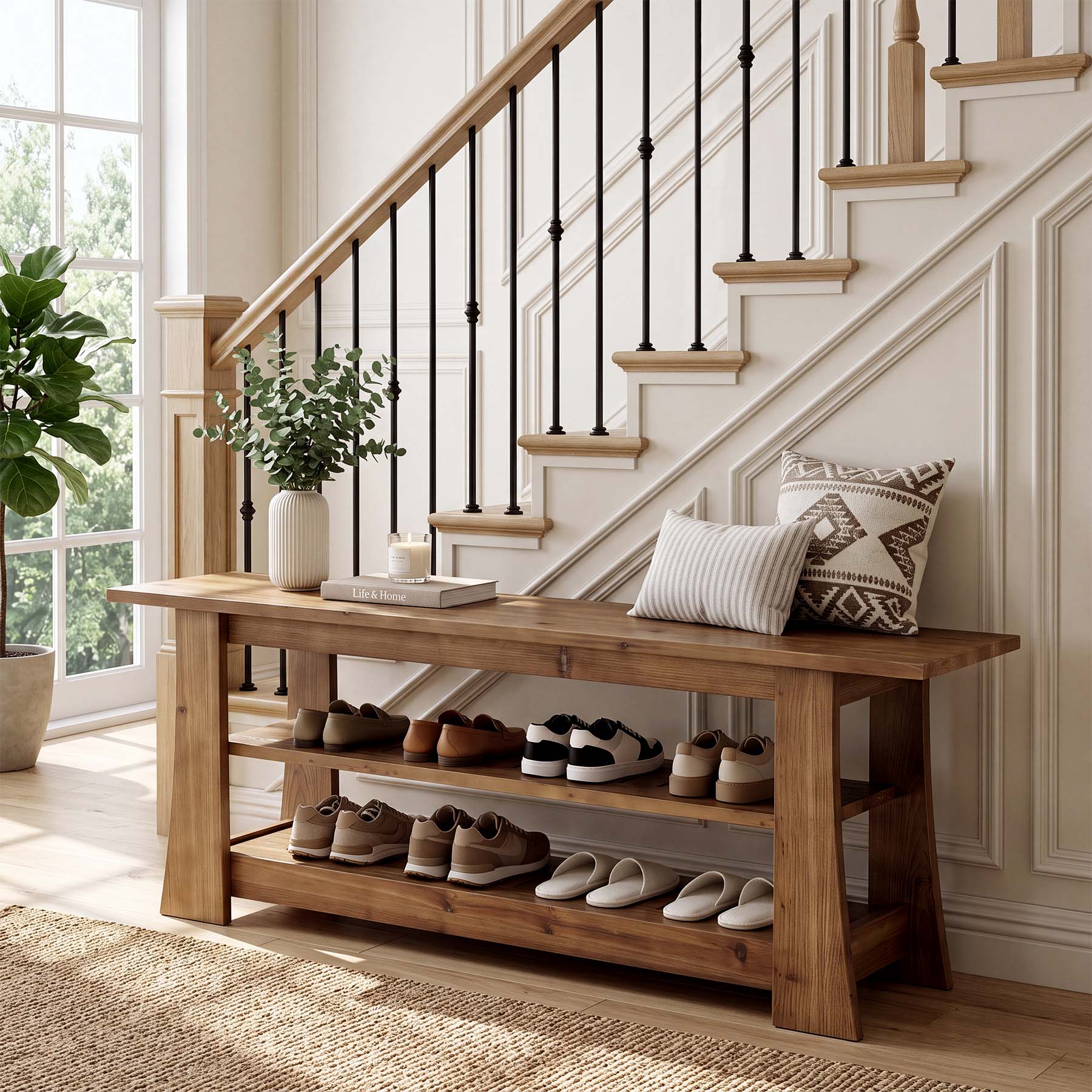 63-Inch Solid Wood Shoe Bench, Farmhouse Indoor Entryway Bench with 3-Tier Storage