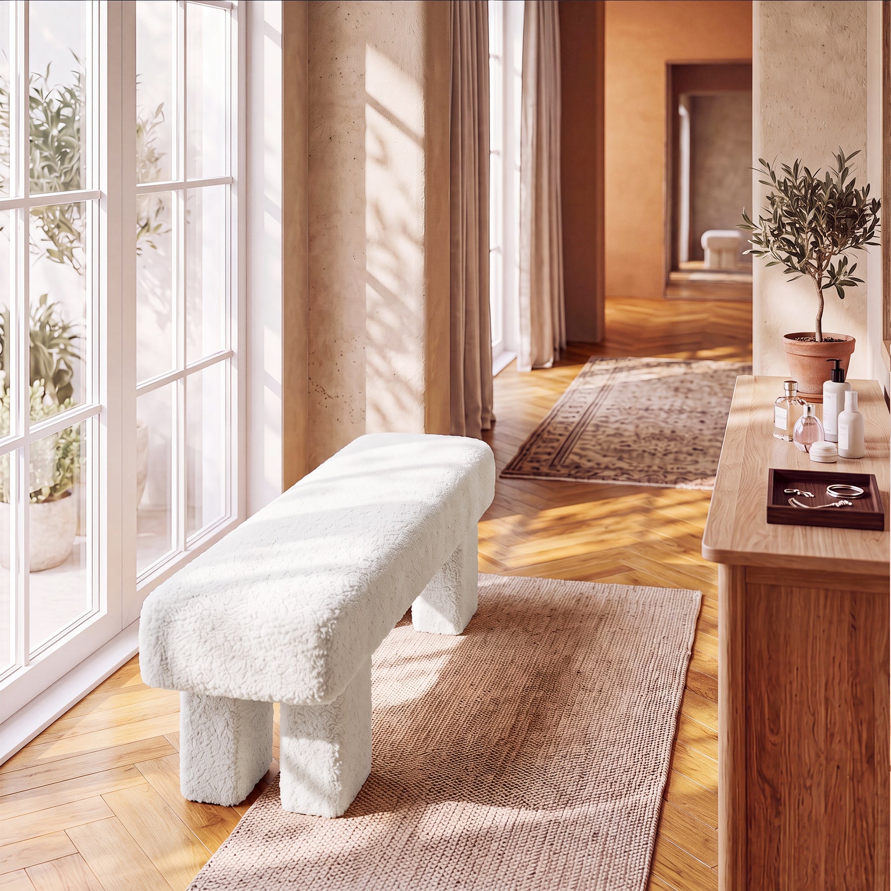 59" Entryway Bench, Modern Upholstered Ottoman Shoe Bench