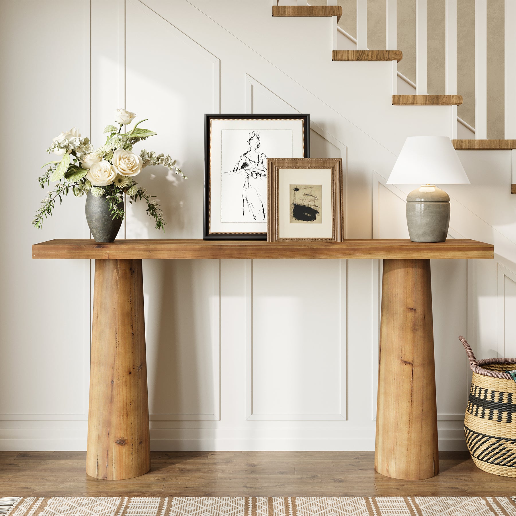 63" Solid Wood Console Table, Farmhouse Entryway Table with Cylindrical Legs