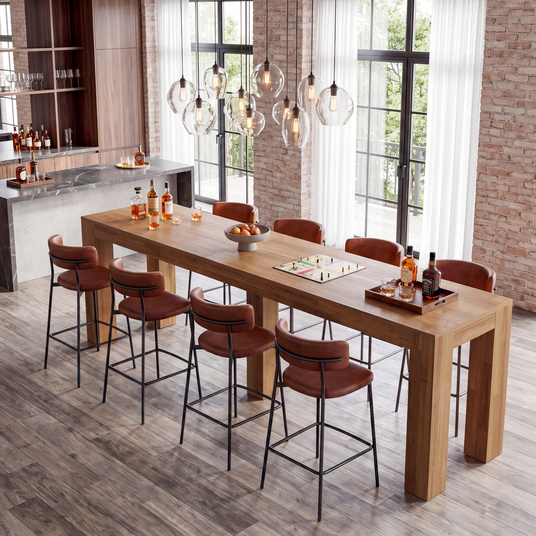 86.6" Counter Height Dining Table with 5 Legs, Wood Rectangle Bar Table for Kitchen