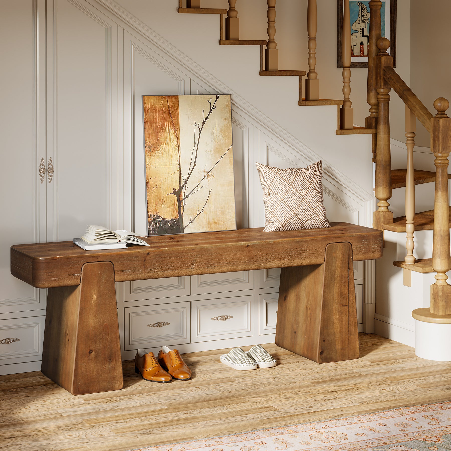 47" Solid Wood Entryway Bench, Farmhouse Shoe Bench with Thickened Legs