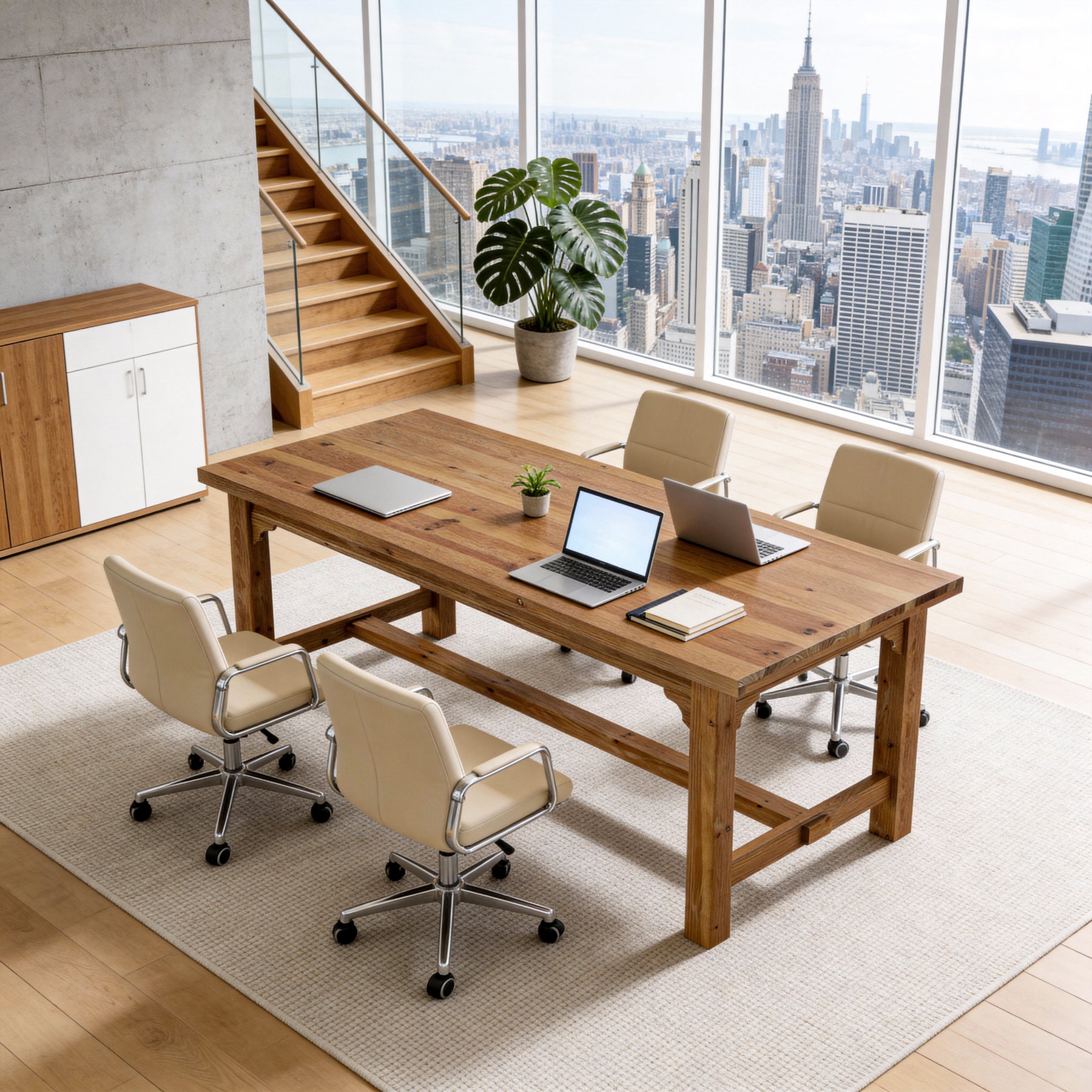 Solid Wood Executive Desk, 63" Computer Desk with Foot Bar for Home Office
