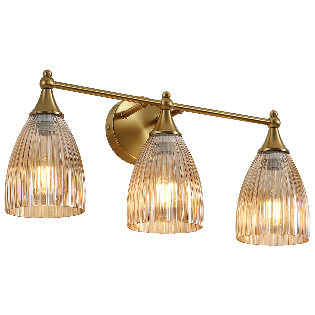 3-Light 22" Bathroom Vanity Light, Brushed Brass Wall Sconce with Amber Glass