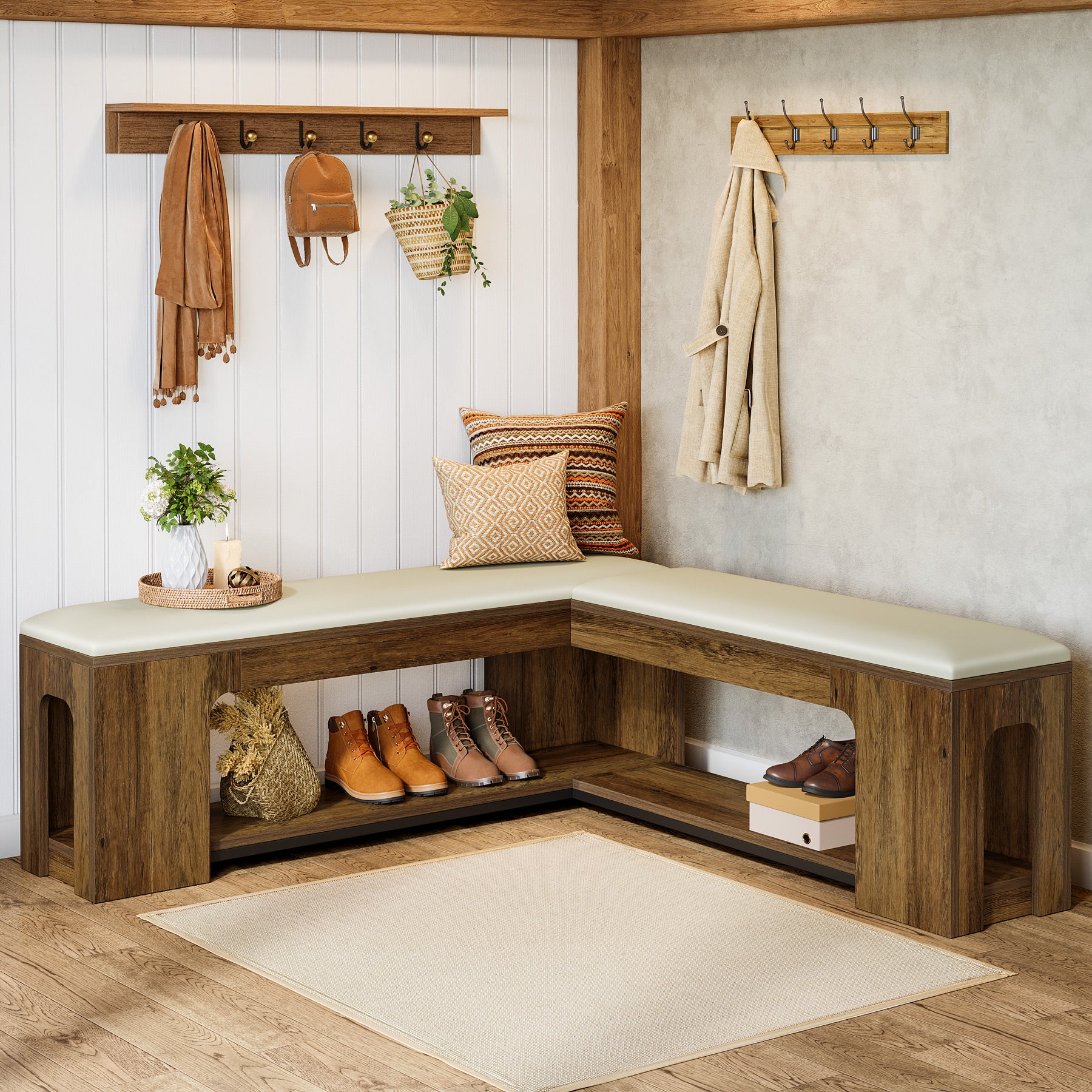 L-Shaped Corner Bench, Farmhouse Dining Bench with Removable Seat Cushion