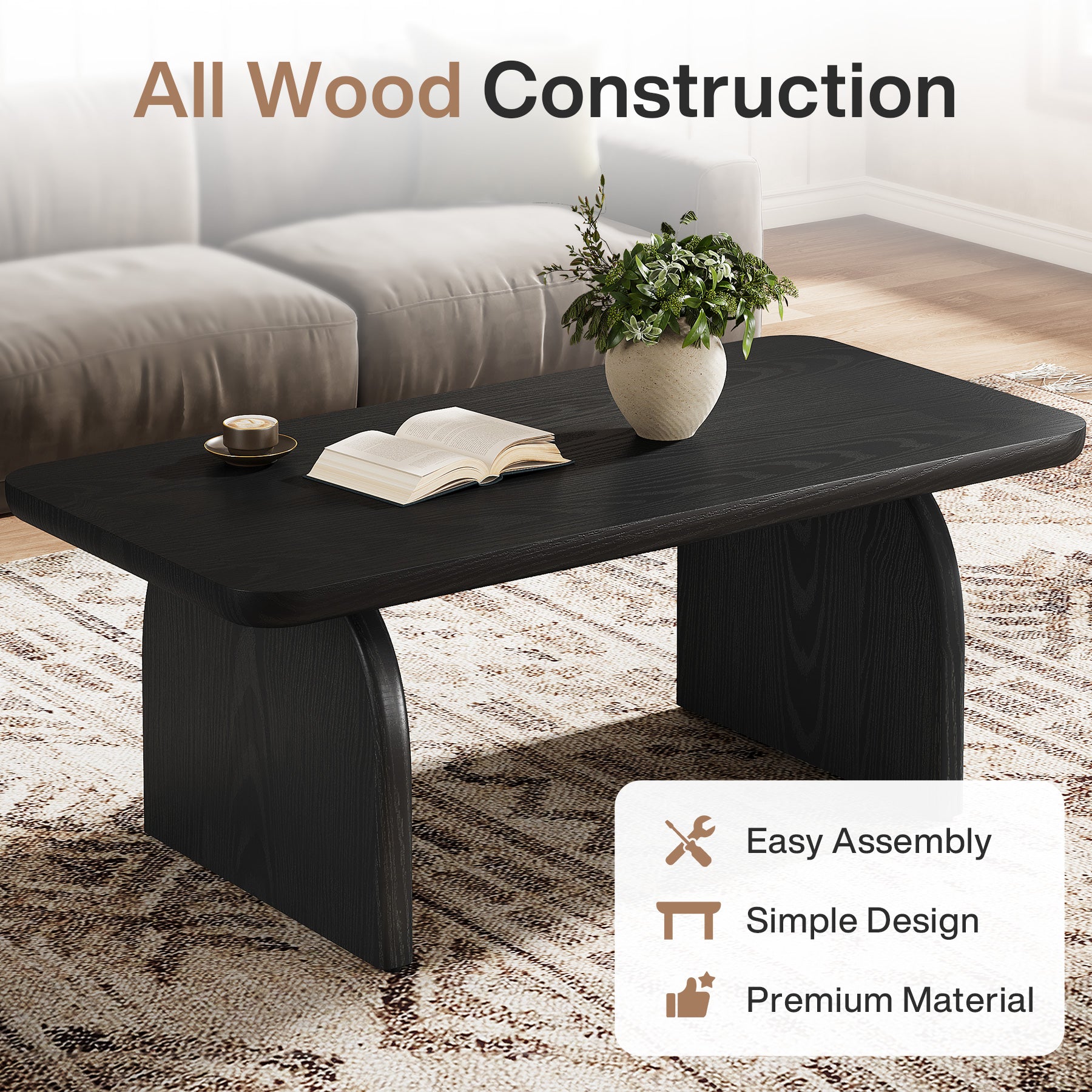 47" Farmhouse Coffee Table, Rectangular Wooden Center Table for Living Room