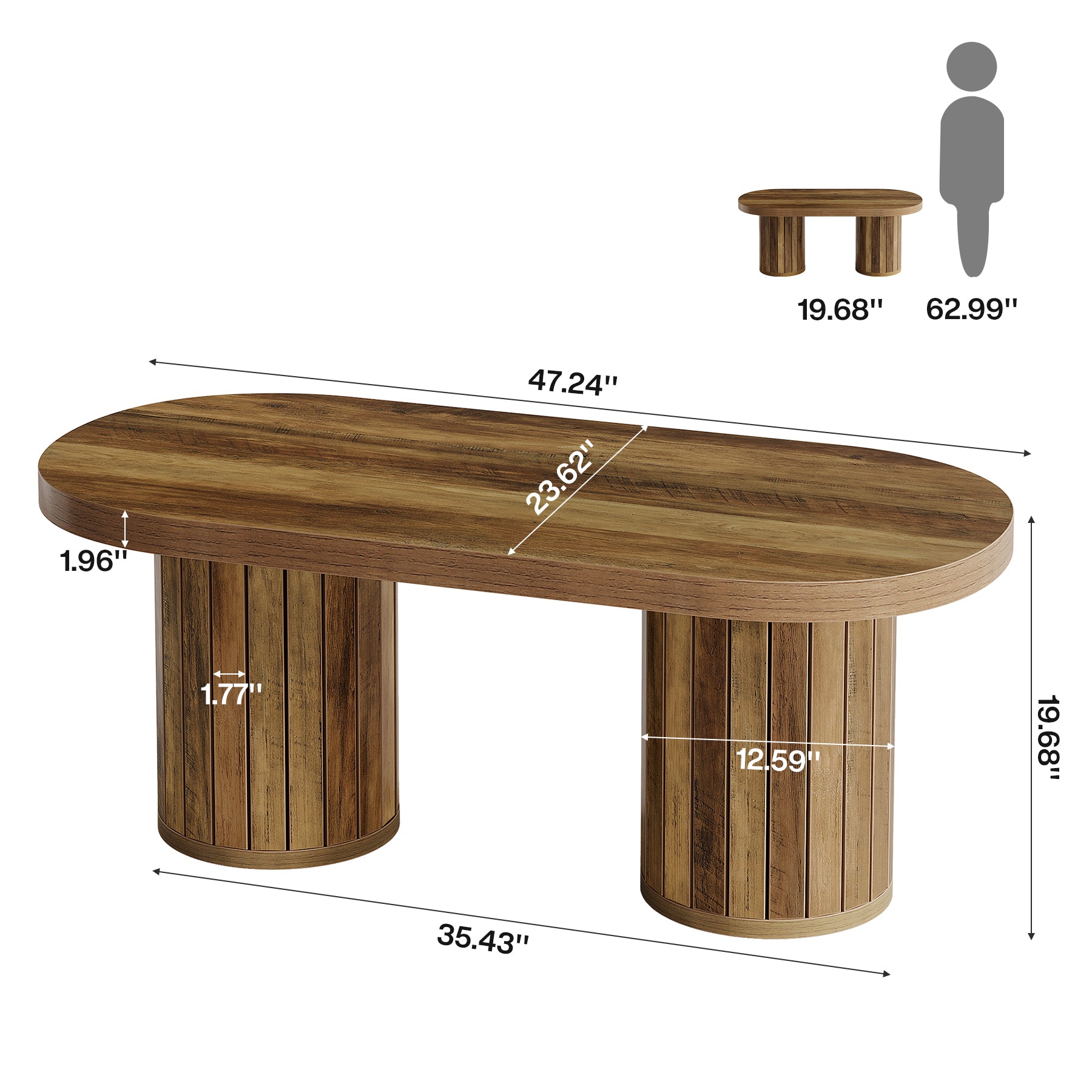 Oval Coffee Table, 47.2" Accent Center Table with Fluted Cylindrical Legs