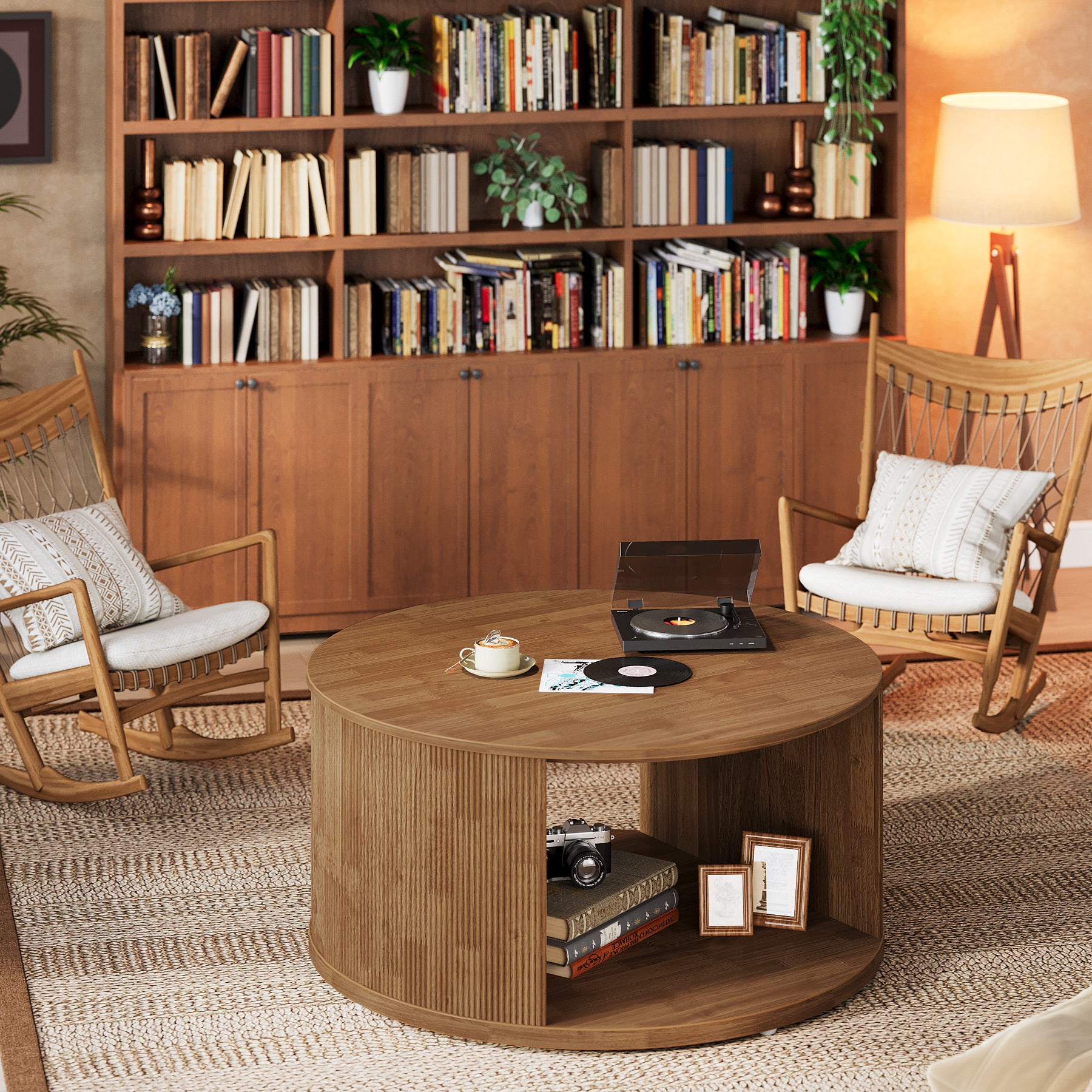 Round Coffee Table, 31.5" Center Table with Fluted Drum Base and Alcove Storage