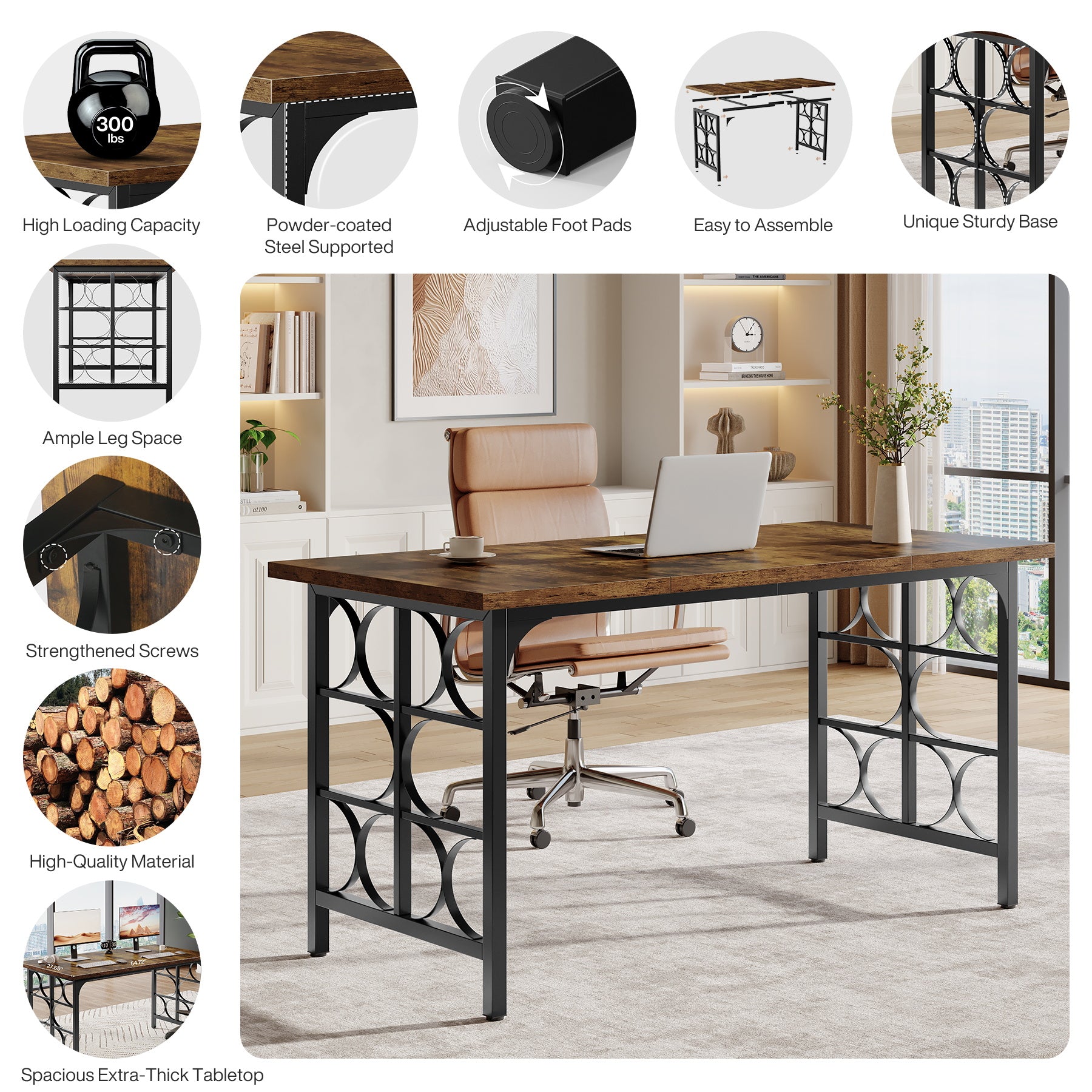 Industrial Computer Desk, 55" Rectangle Executive Desk with Metal Legs