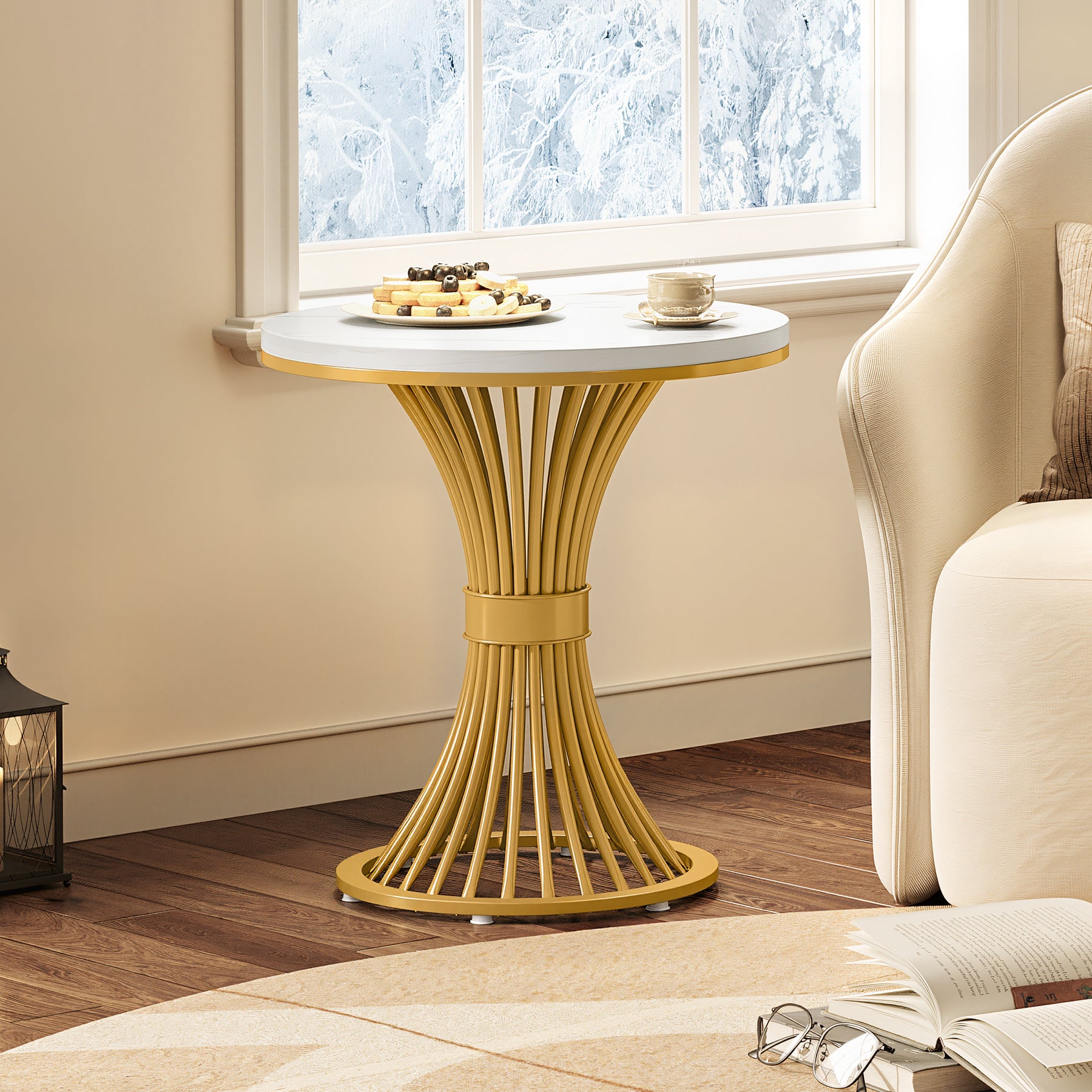 Tribesigns Set of 2 Round End Tables, Modern Faux Marble with Gold Base