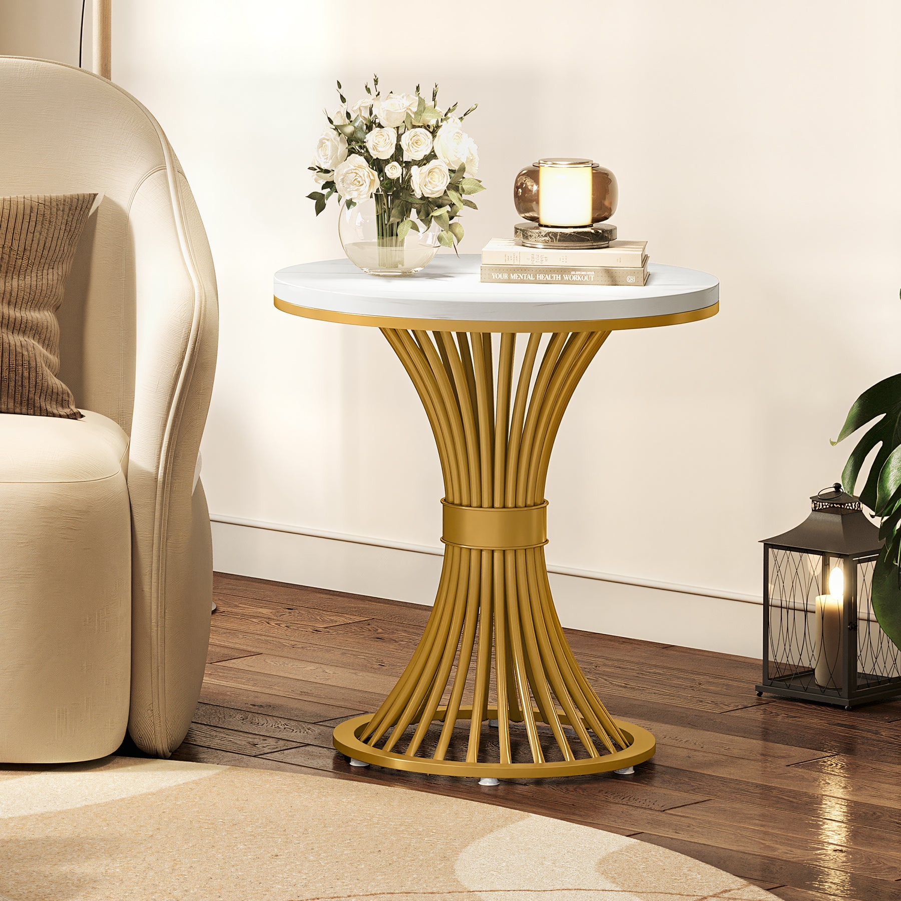 Tribesigns Set of 2 Round End Tables, Modern Faux Marble with Gold Base
