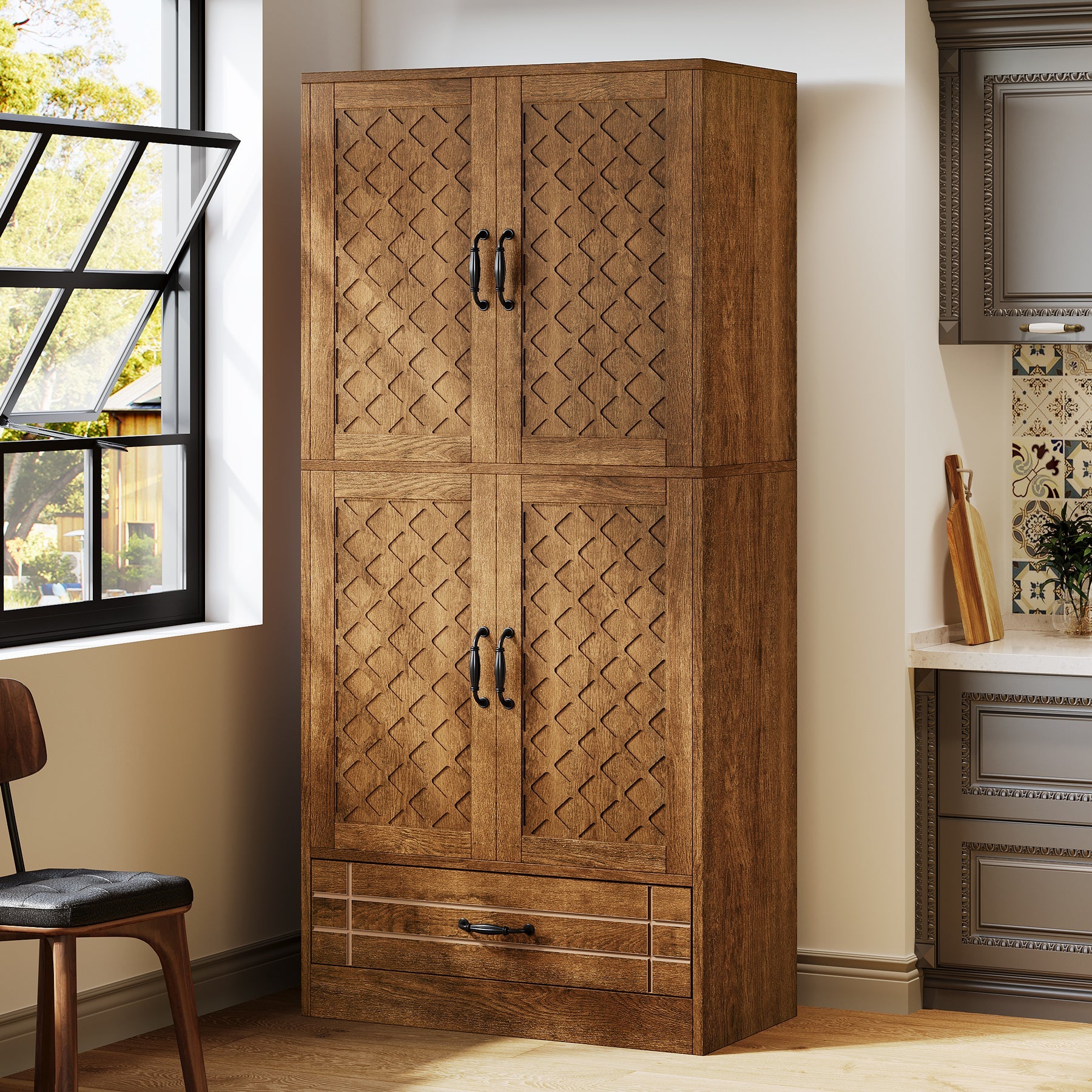 Tribesigns's Vintage baker's rack with ornate metal scrollwork and distressed wood finish.