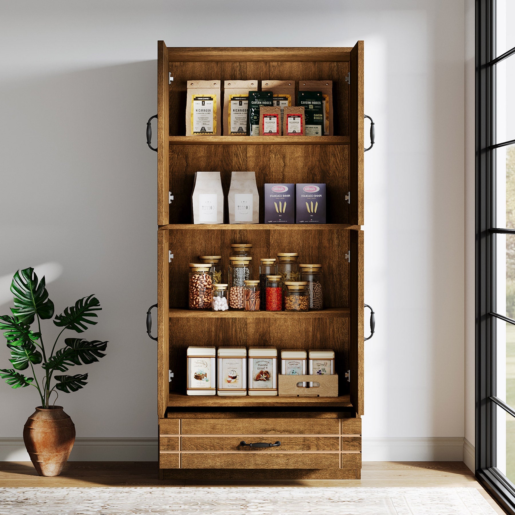 Tribesigns's Vintage baker's rack with Drawer in the expanded form.