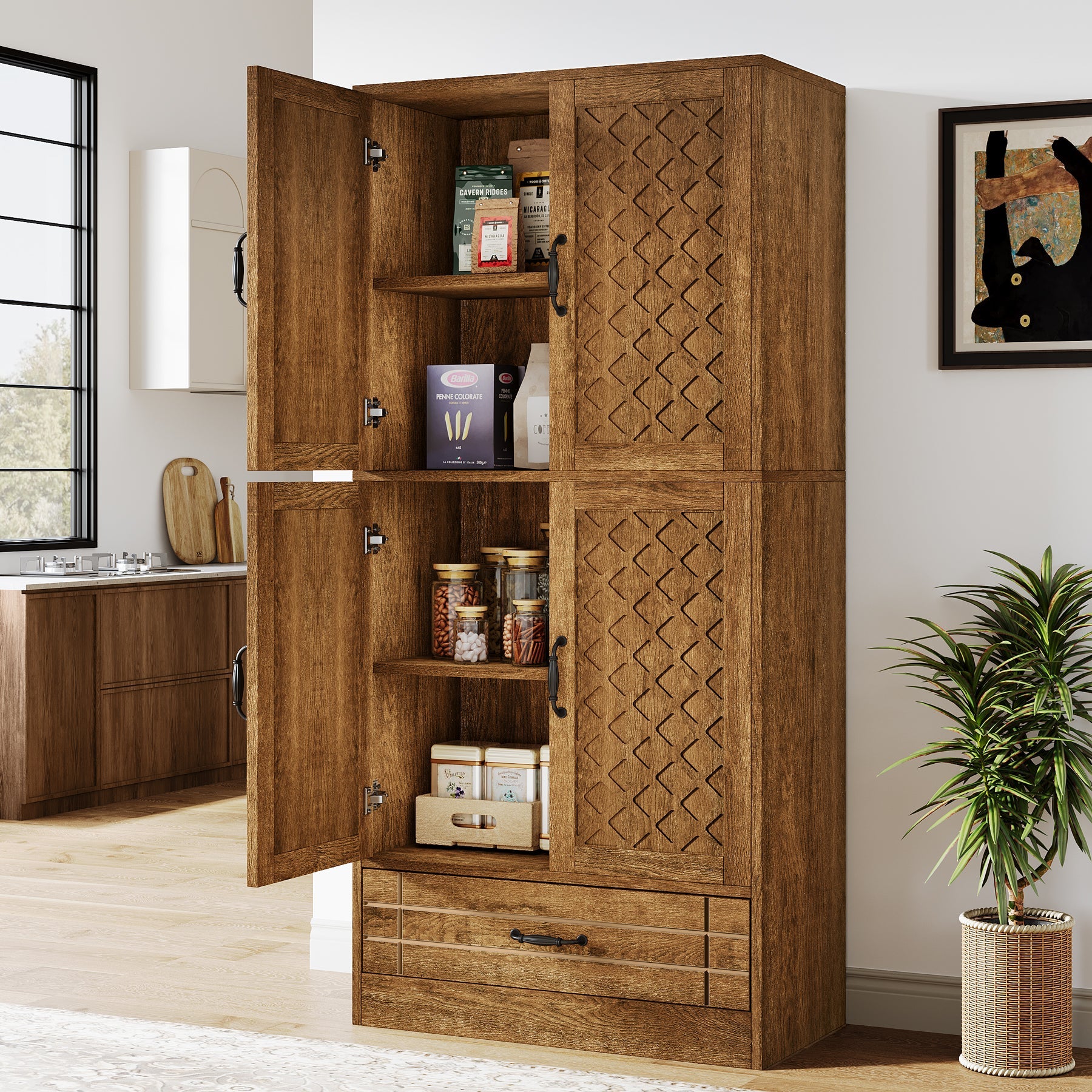 Tribesigns's 70" Bakers' Rack, Rustic Kitchen Pantry Cabinet with Doors and Drawer in the expanded form.