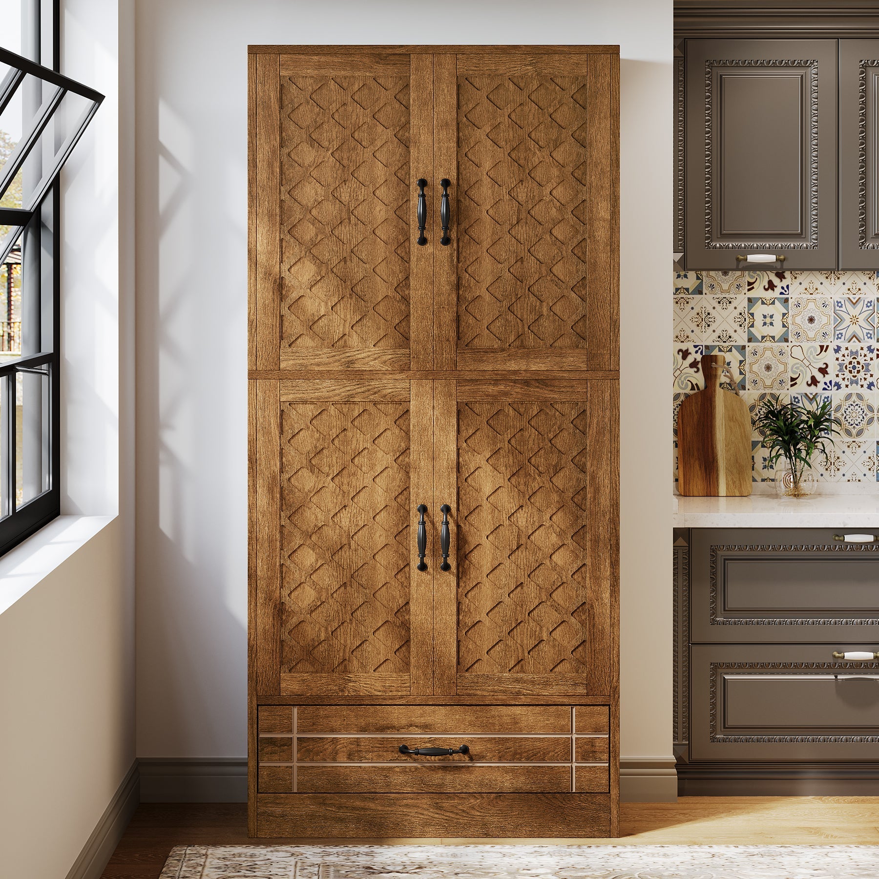 Tribesigns's Vintage baker's rack with ornate metal scrollwork and distressed wood finish, front view.