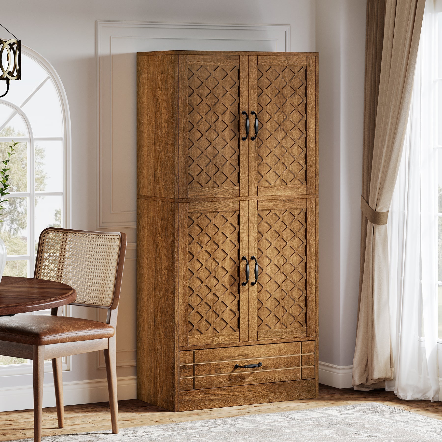 Tribesigns's Vintage baker's rack with ornate metal scrollwork and distressed wood finish., side view.