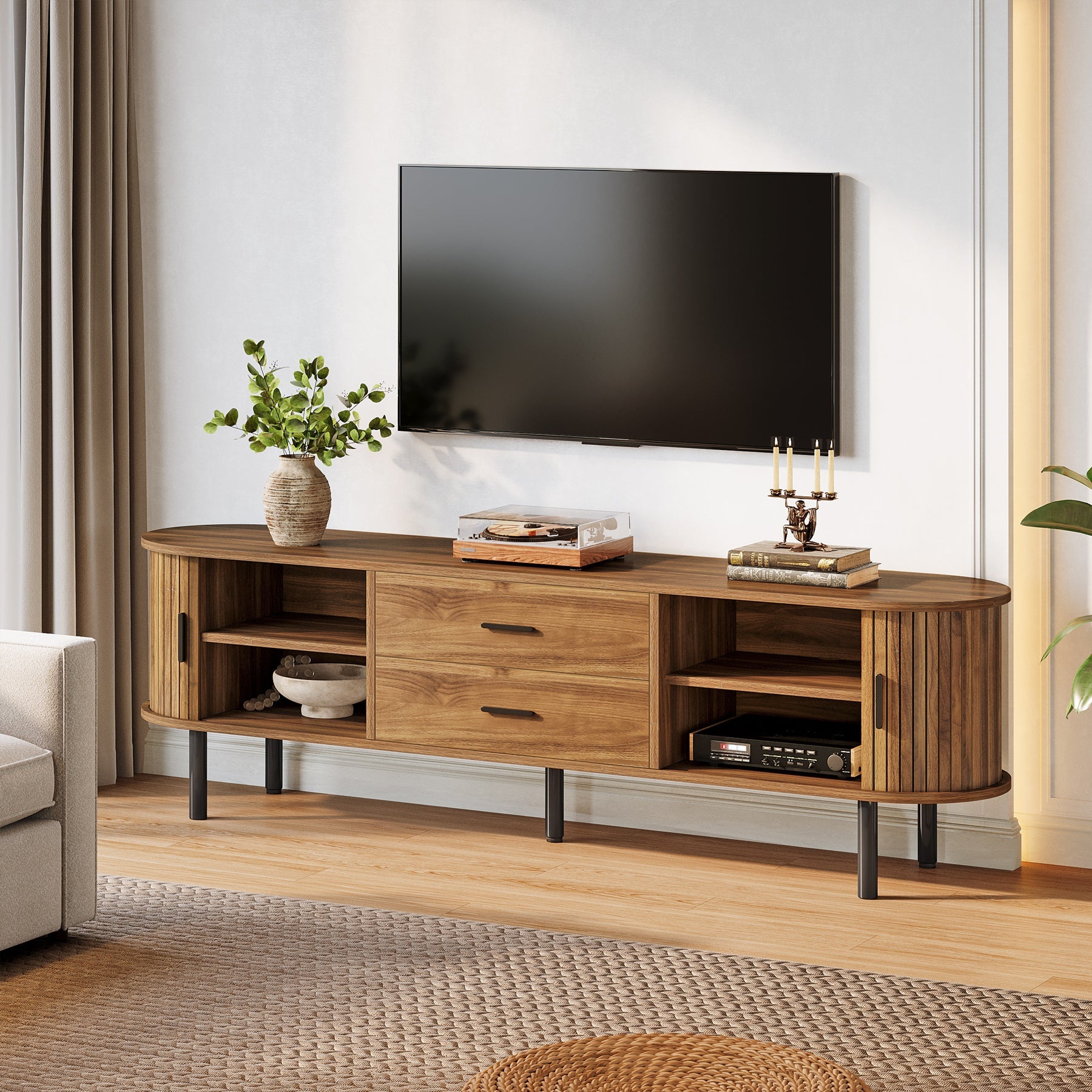 70" TV Stand, Modern Media Console with Storage and Sliding Tambour Door Tribesigns