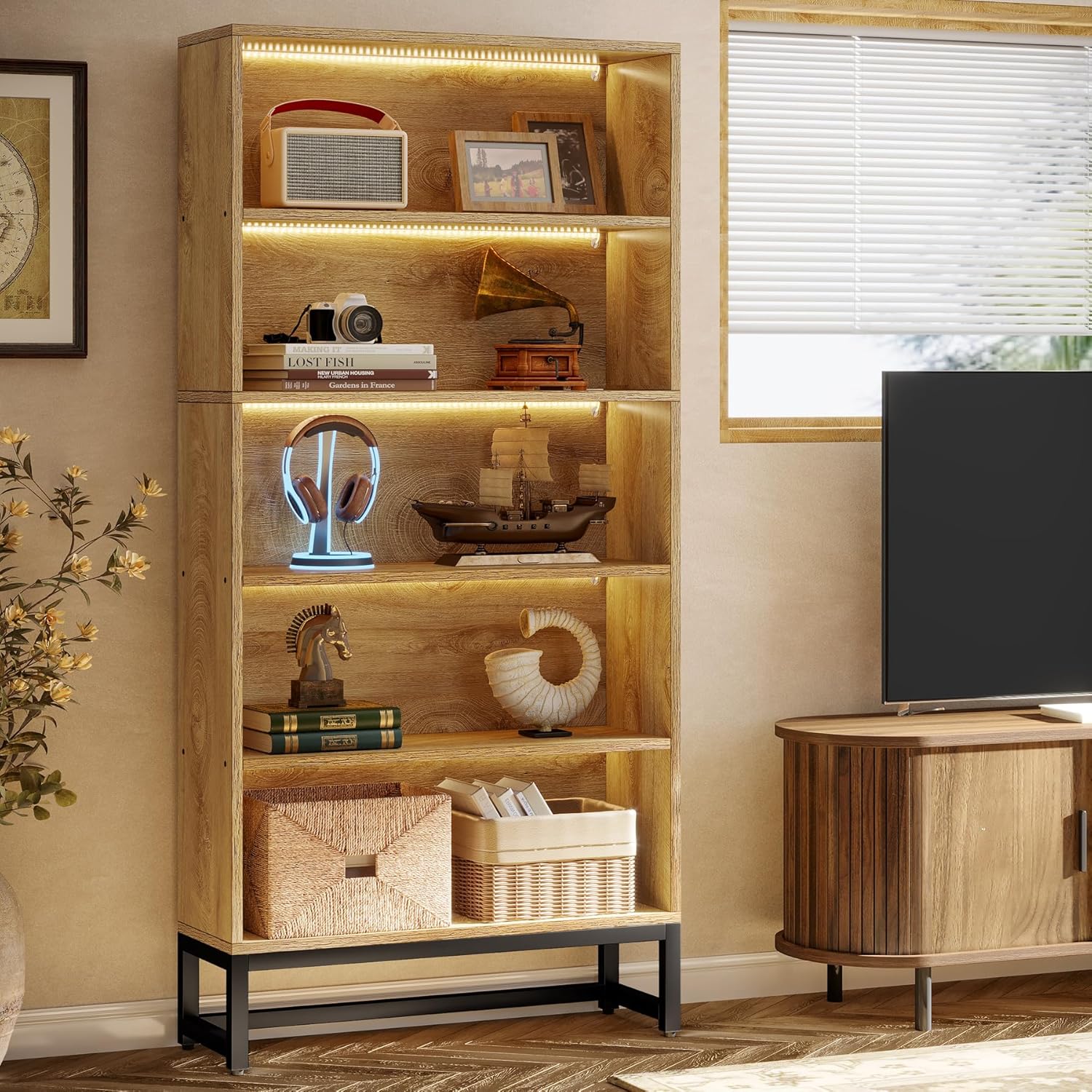 70.4" Bookshelf, FreeStanding Bookcases Display Organizer with LED Light Tribesigns