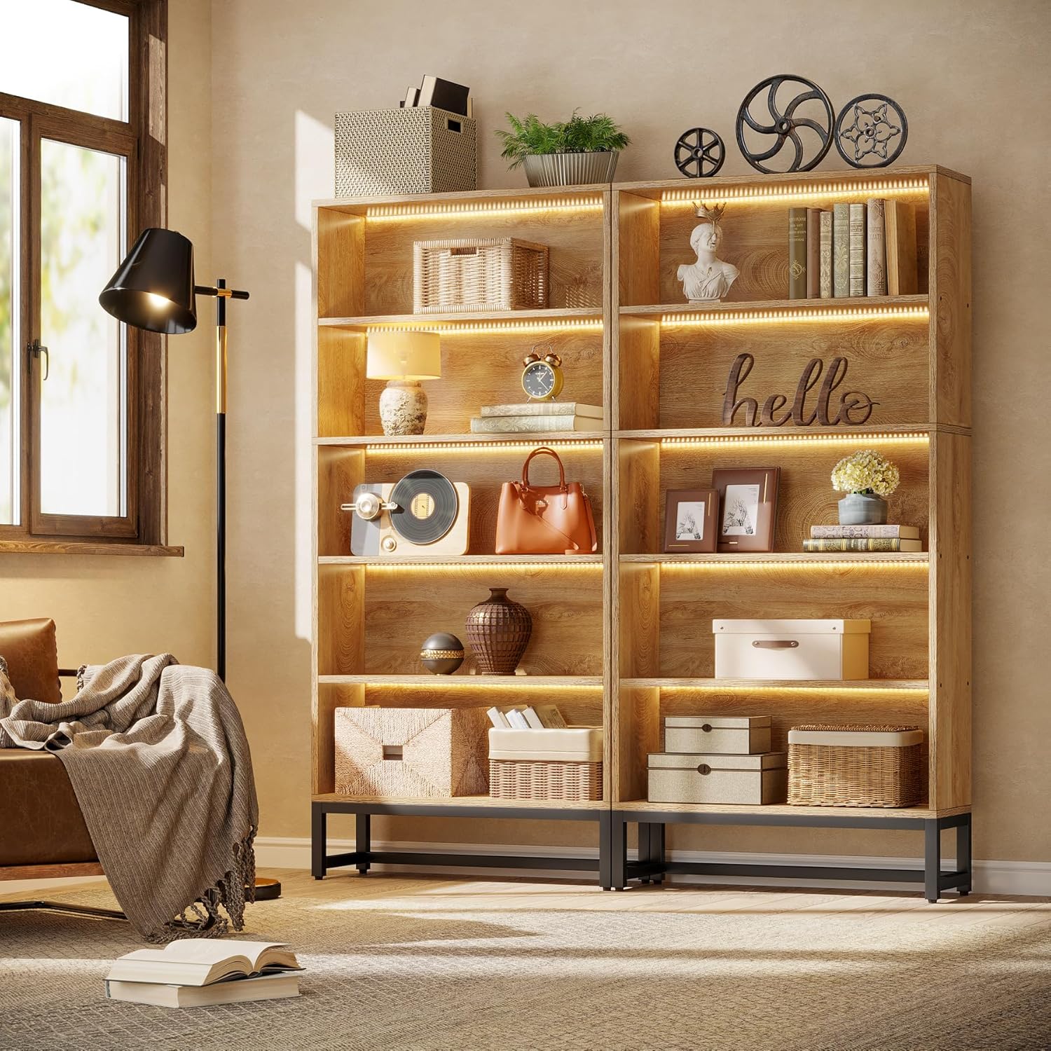 70.4" Bookshelf, FreeStanding Bookcases Display Organizer with LED Light Tribesigns