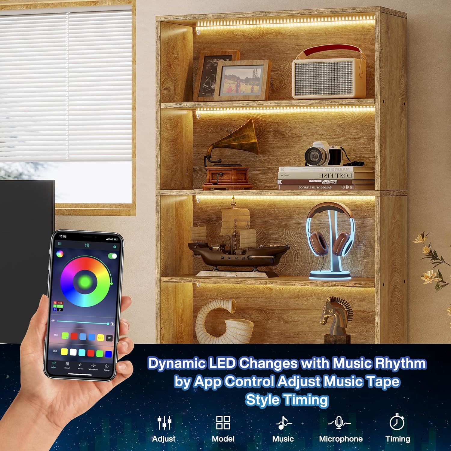 70.4" Bookshelf, FreeStanding Bookcases Display Organizer with LED Light Tribesigns