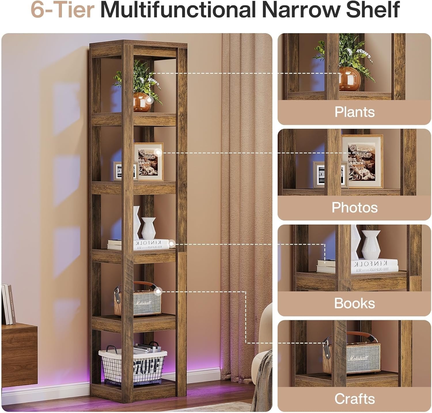 70.86" Bookshelf, 6-Tier Narrow Bookcase Corner Shelf Storage Racks for Home Office