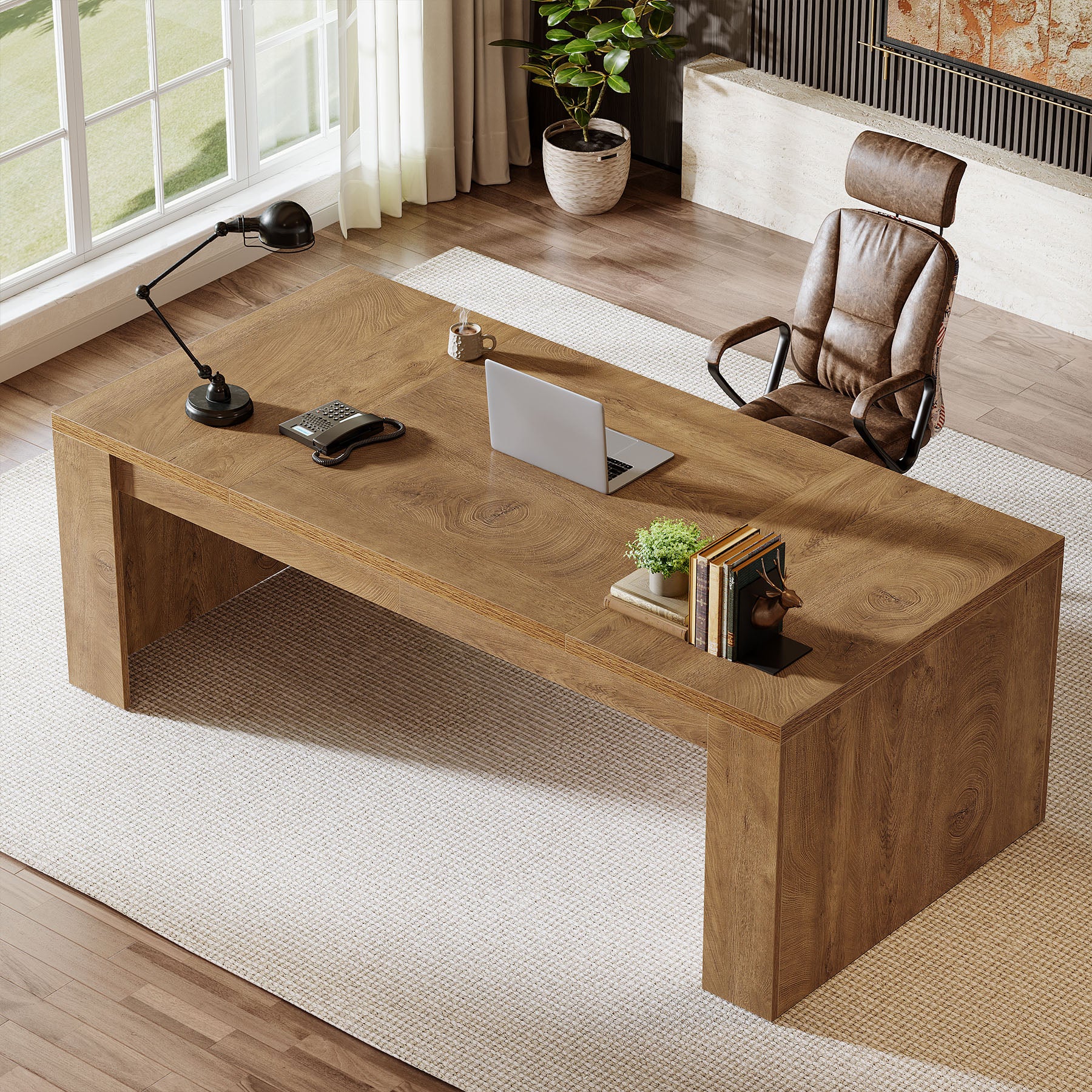 70.87" Executive Desk, Farmhouse Computer Desk with Double Pedestal Legs