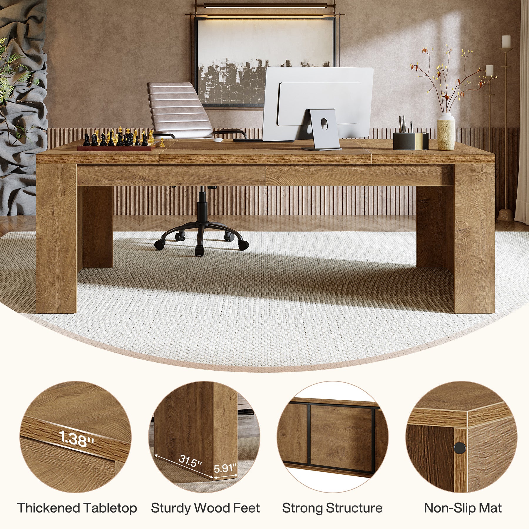 70.87" Executive Desk, Farmhouse Computer Desk with Double Pedestal Legs