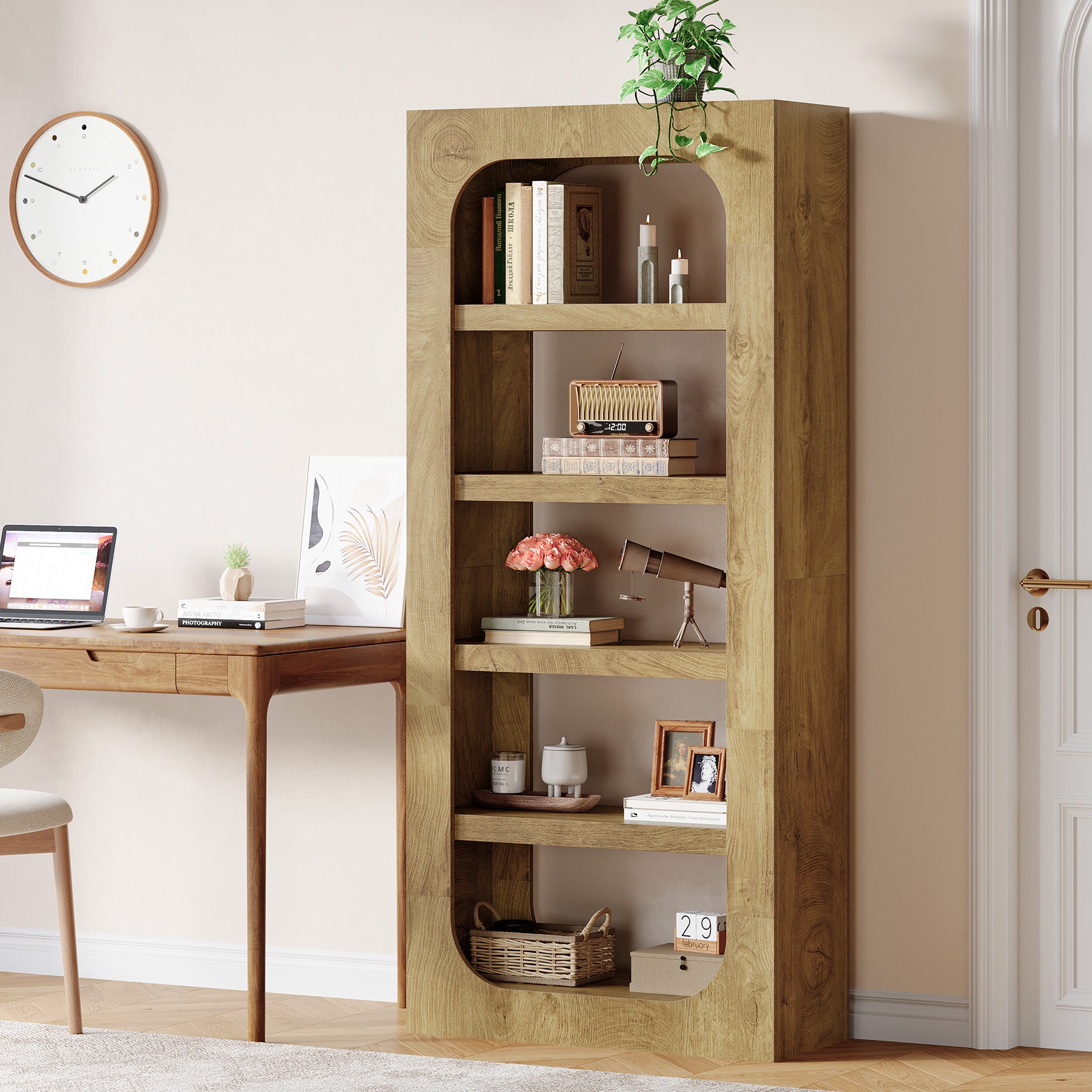 70.8" Bookcase, 5-Tier Wooden Bookshelf Display Storage Shelves