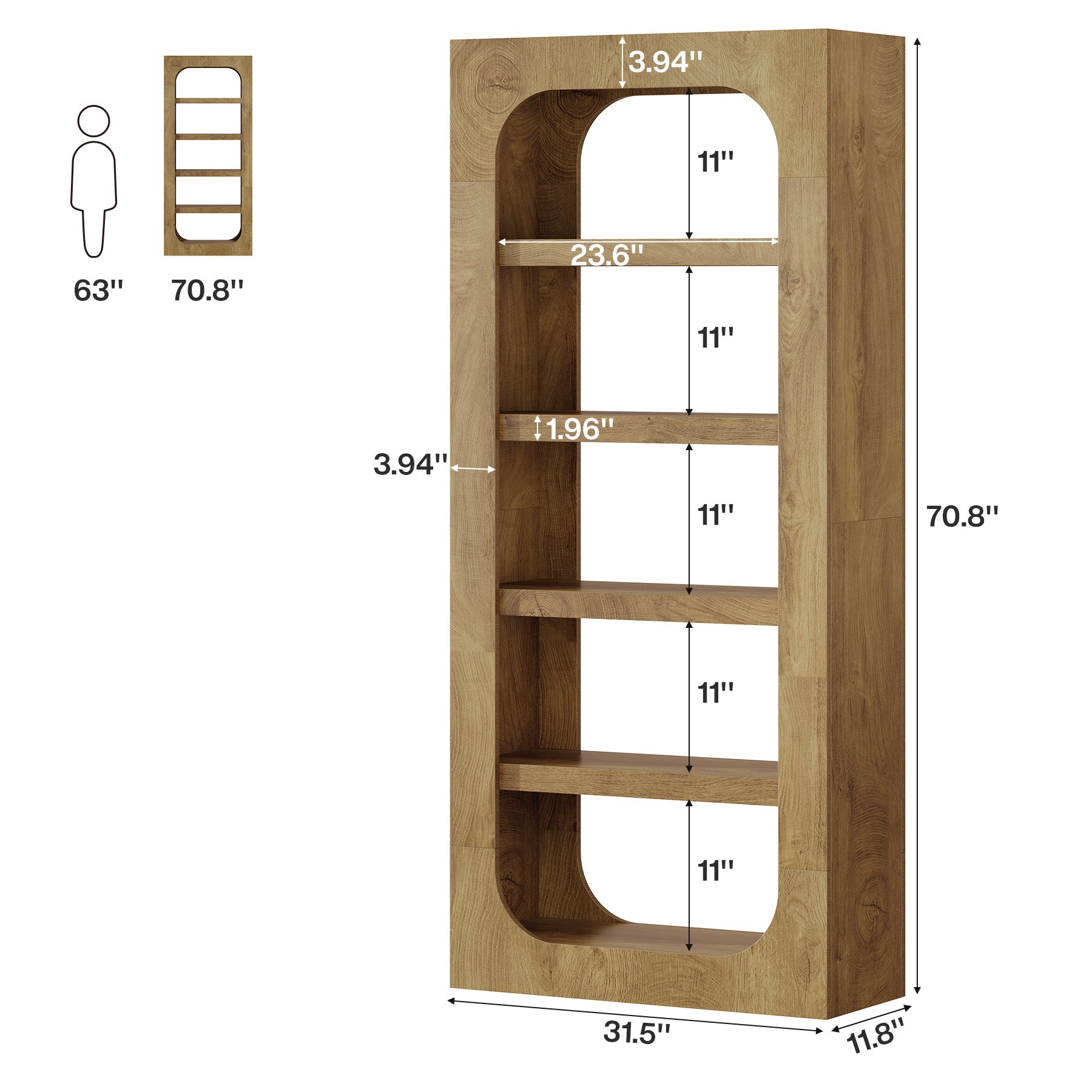 70.8" Bookcase, 5-Tier Wooden Bookshelf Display Storage Shelves