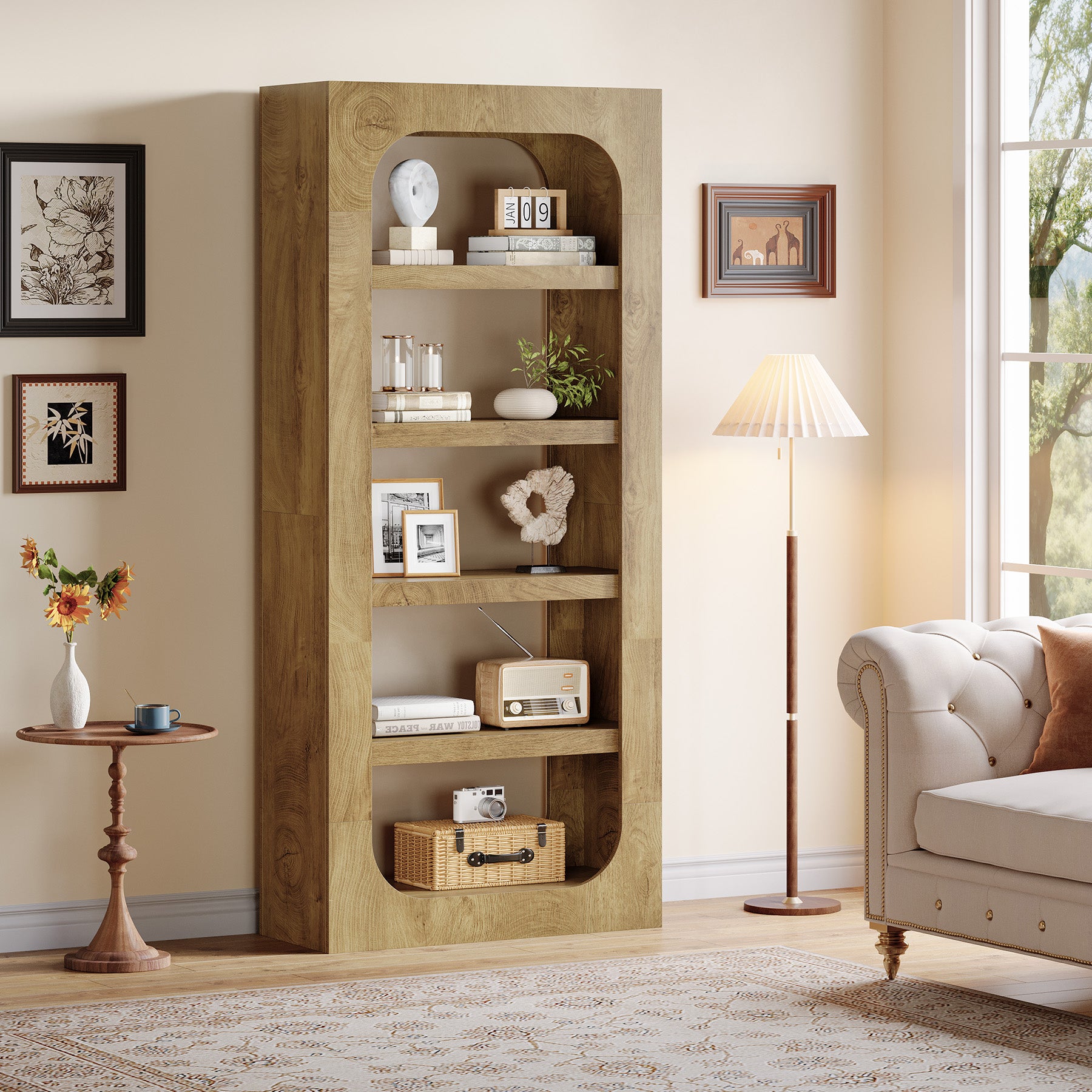 70.8" Bookcase, 5-Tier Wooden Bookshelf Display Storage Shelves