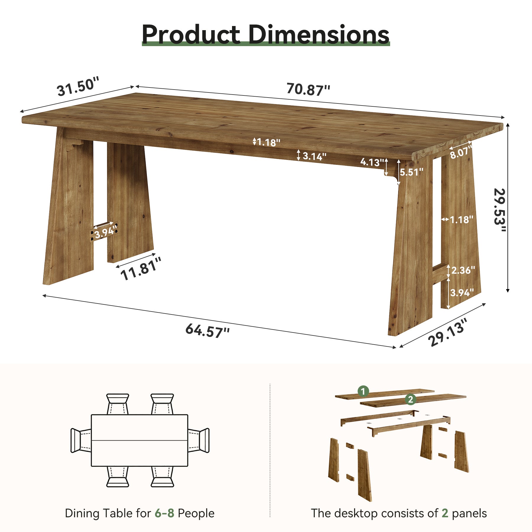 70.8" Conference Table, Wood Meeting Table with Reinforced Legs for 6-8