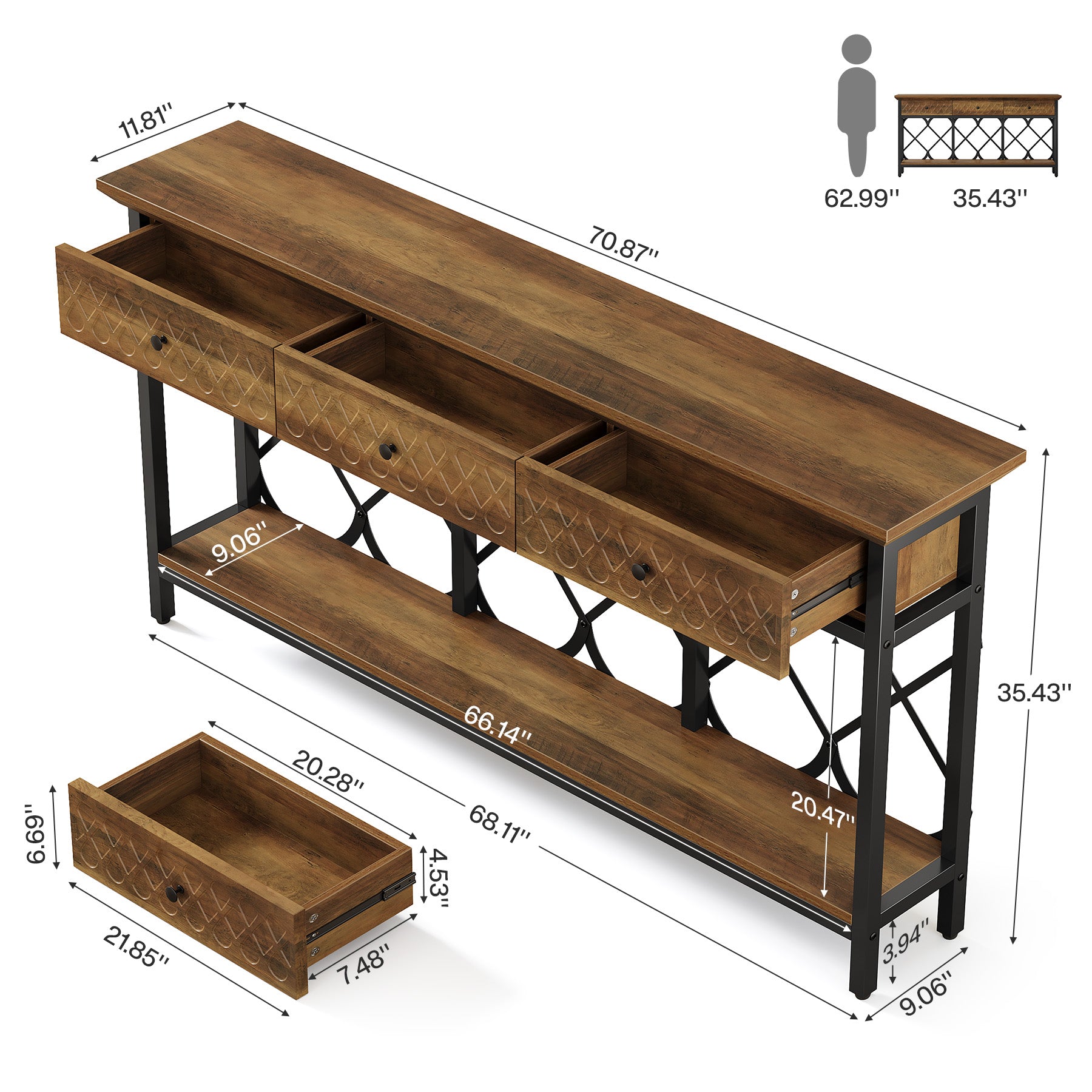 70.8" Console Table, 2-Tier Narrow Entryway Table Sofa Table with 3 Drawers