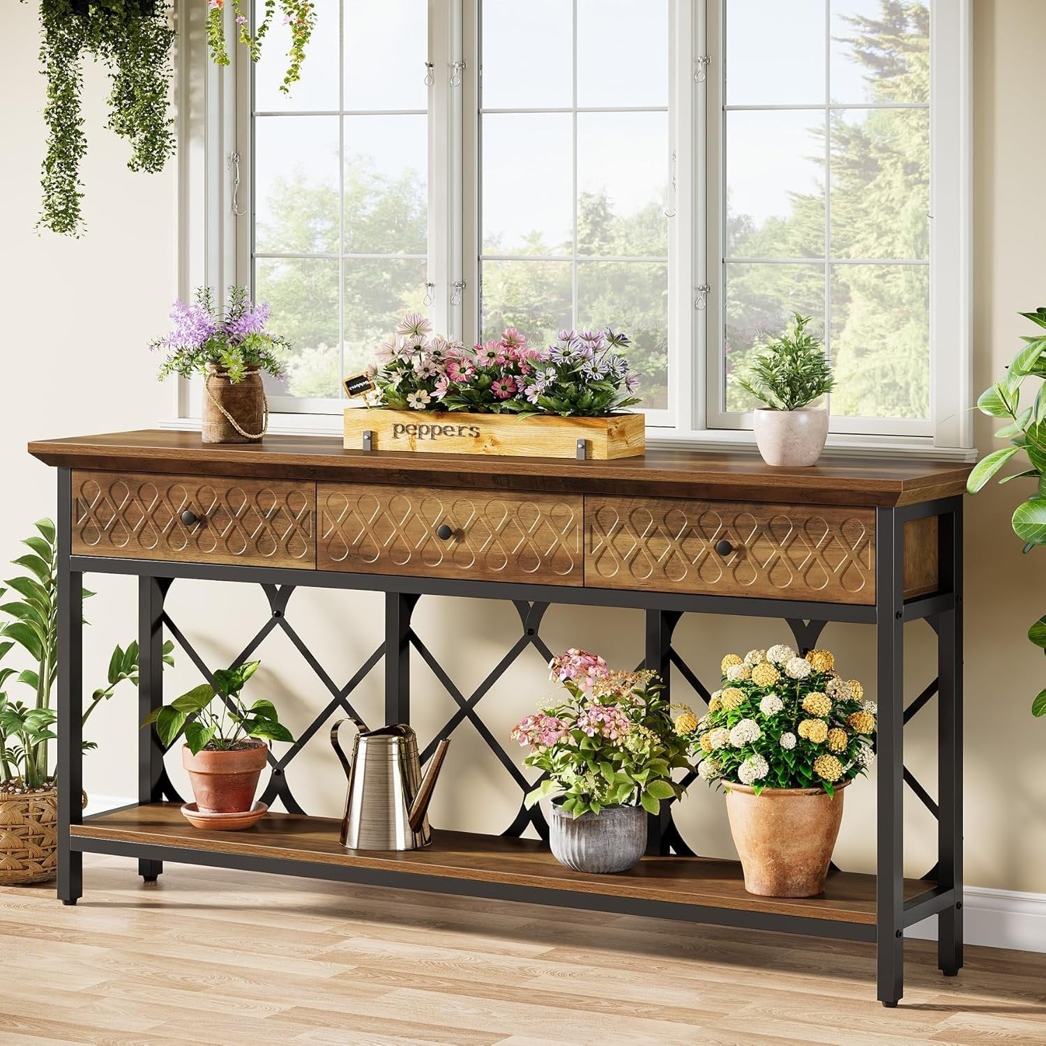 70.8" Console Table, 2-Tier Narrow Entryway Table Sofa Table with 3 Drawers