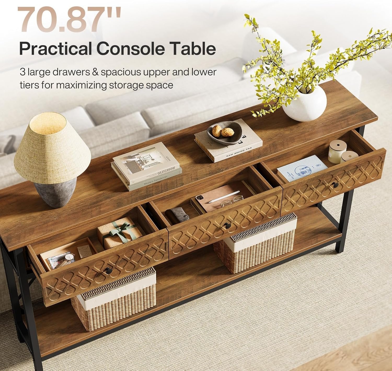70.8" Console Table, 2-Tier Narrow Entryway Table Sofa Table with 3 Drawers