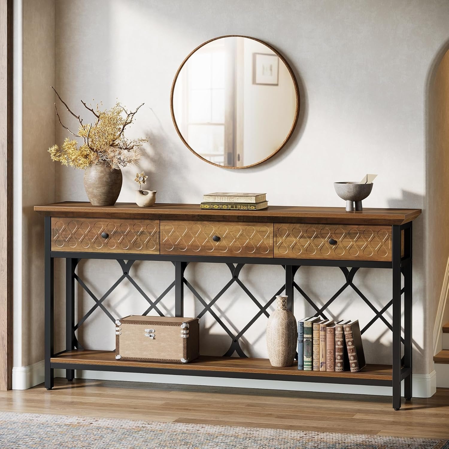 70.8" Console Table, 2-Tier Narrow Entryway Table Sofa Table with 3 Drawers