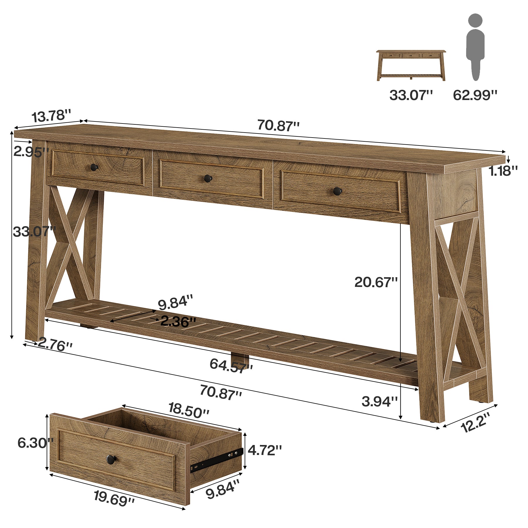70.8" Console Table, Long Sofa Table Behind Couch with 3 Storage Drawers