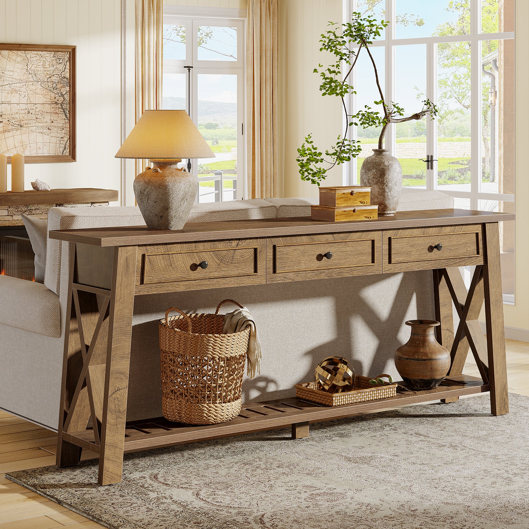 70.8" Console Table, Long Sofa Table Behind Couch with 3 Storage Drawers