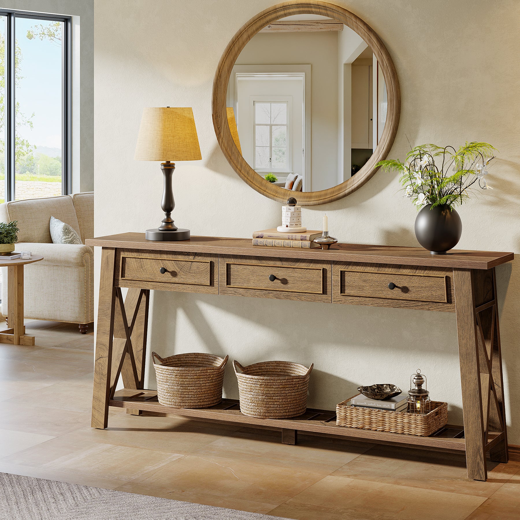 70.8" Console Table, Long Sofa Table Behind Couch with 3 Storage Drawers