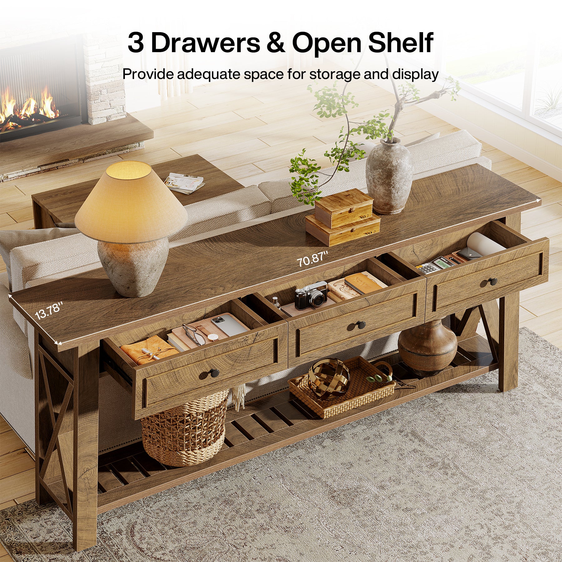 70.8" Console Table, Long Sofa Table Behind Couch with 3 Storage Drawers