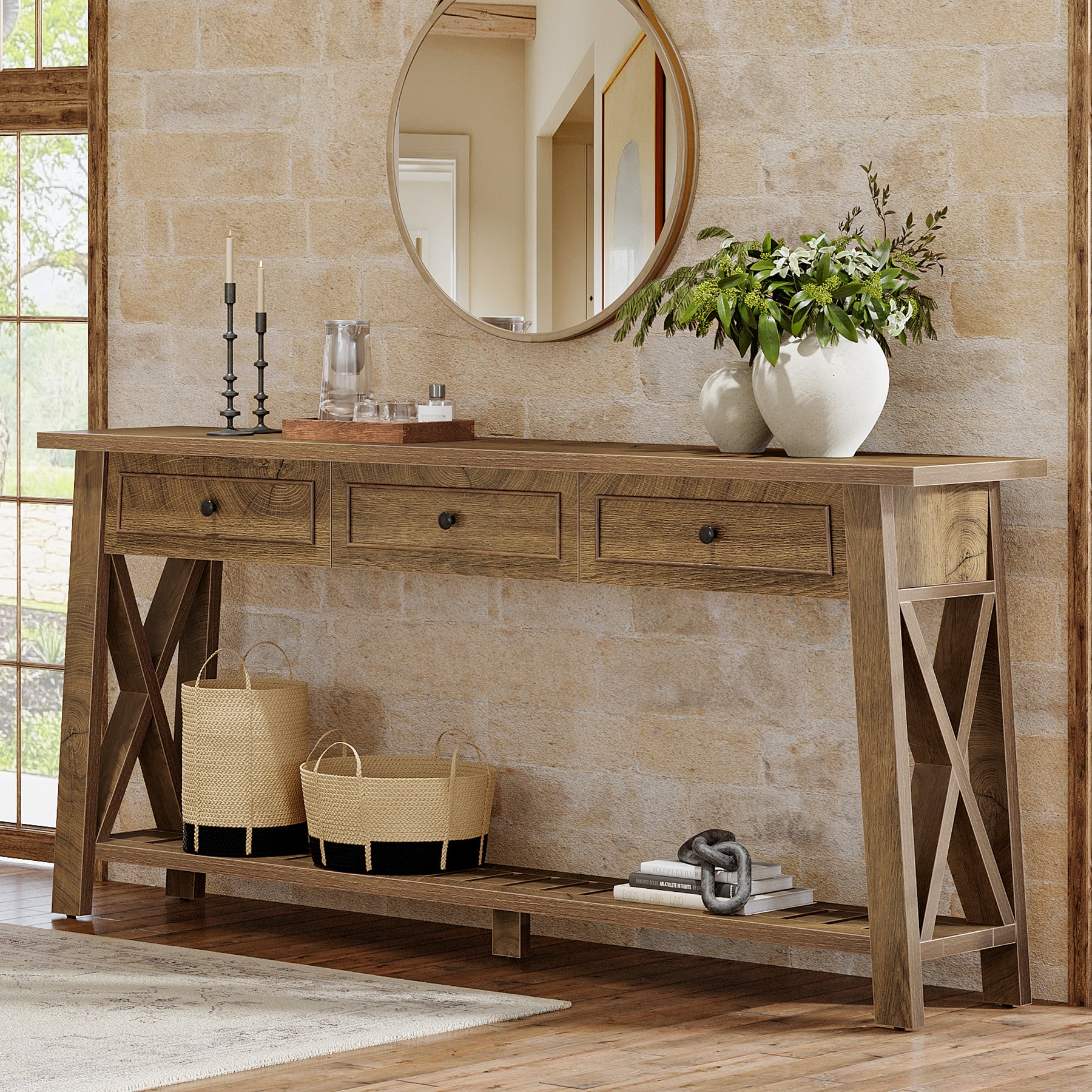 70.8" Console Table, Long Sofa Table Behind Couch with 3 Storage Drawers