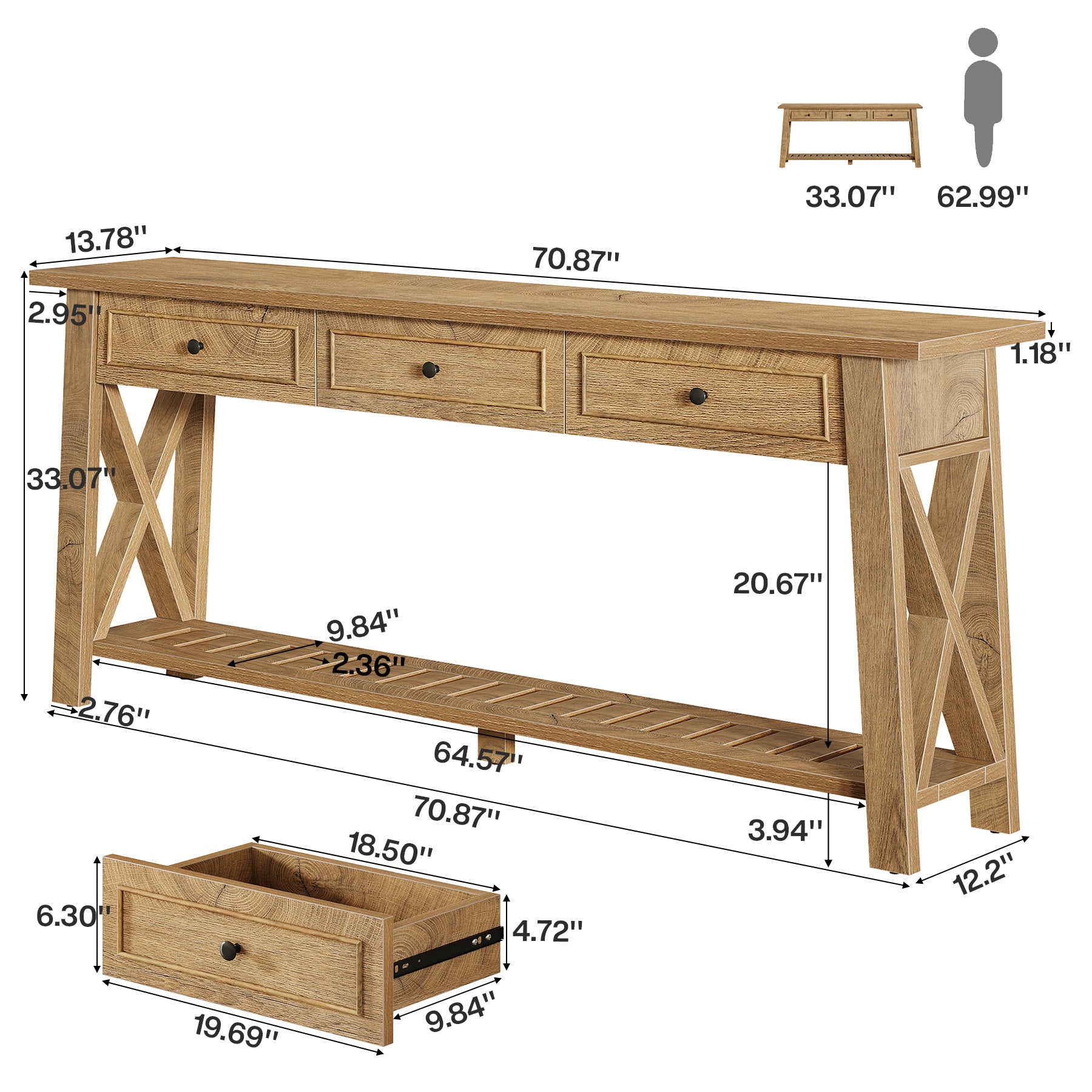 70.8" Console Table, Long Sofa Table Behind Couch with 3 Storage Drawers