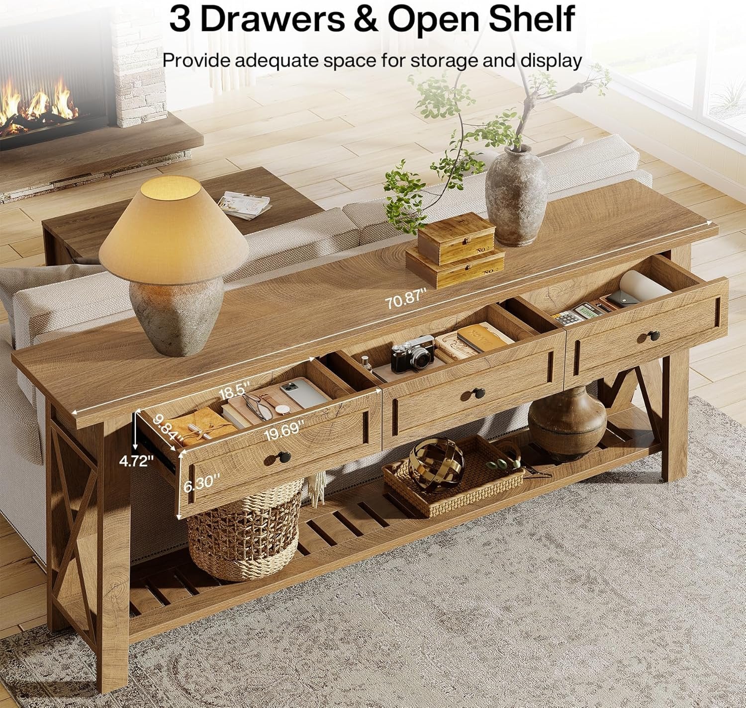 70.8" Console Table, Long Sofa Table Behind Couch with 3 Storage Drawers