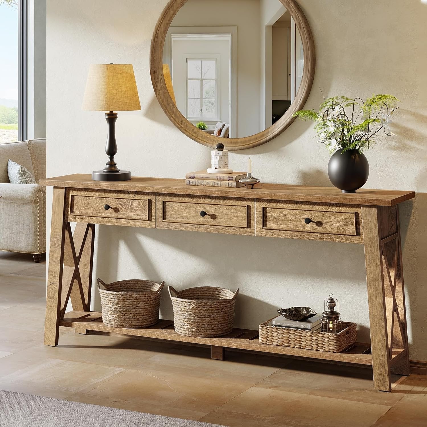 70.8" Console Table, Long Sofa Table Behind Couch with 3 Storage Drawers