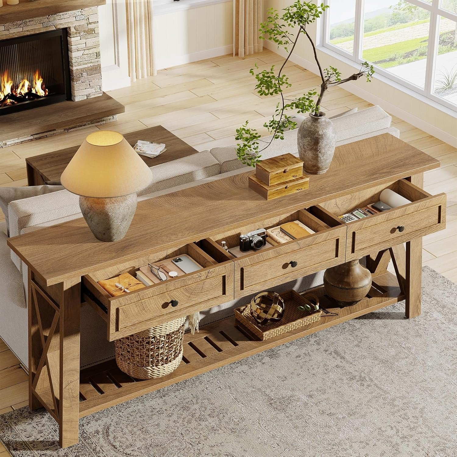 70.8" Console Table, Long Sofa Table Behind Couch with 3 Storage Drawers