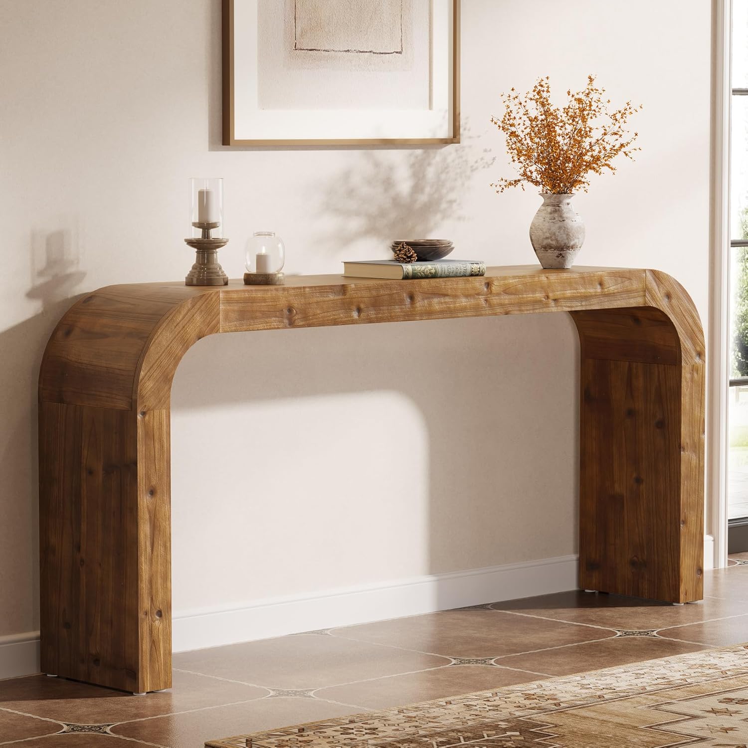 70.8" Console Table, Solid Wood Sofa Table with Curved Corners