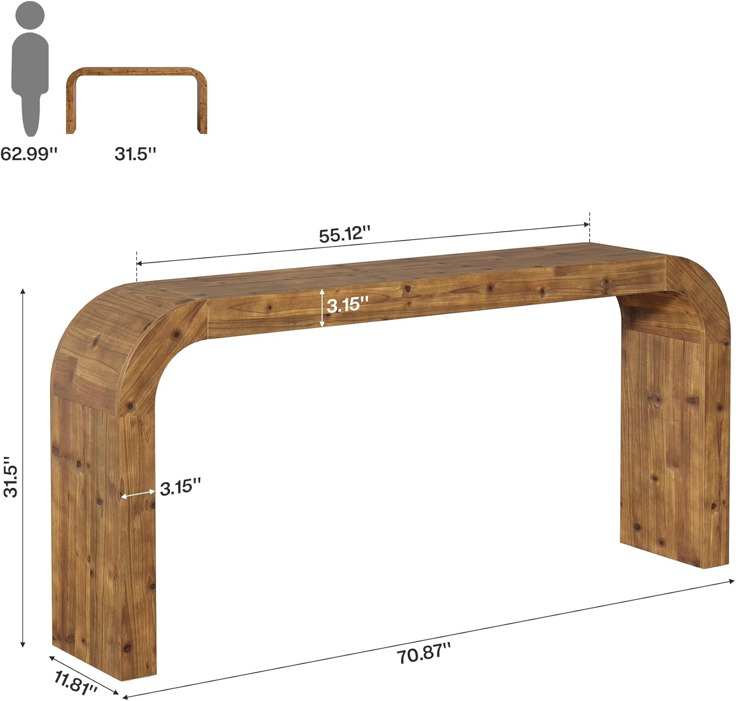 70.8" Console Table, Solid Wood Sofa Table with Curved Corners